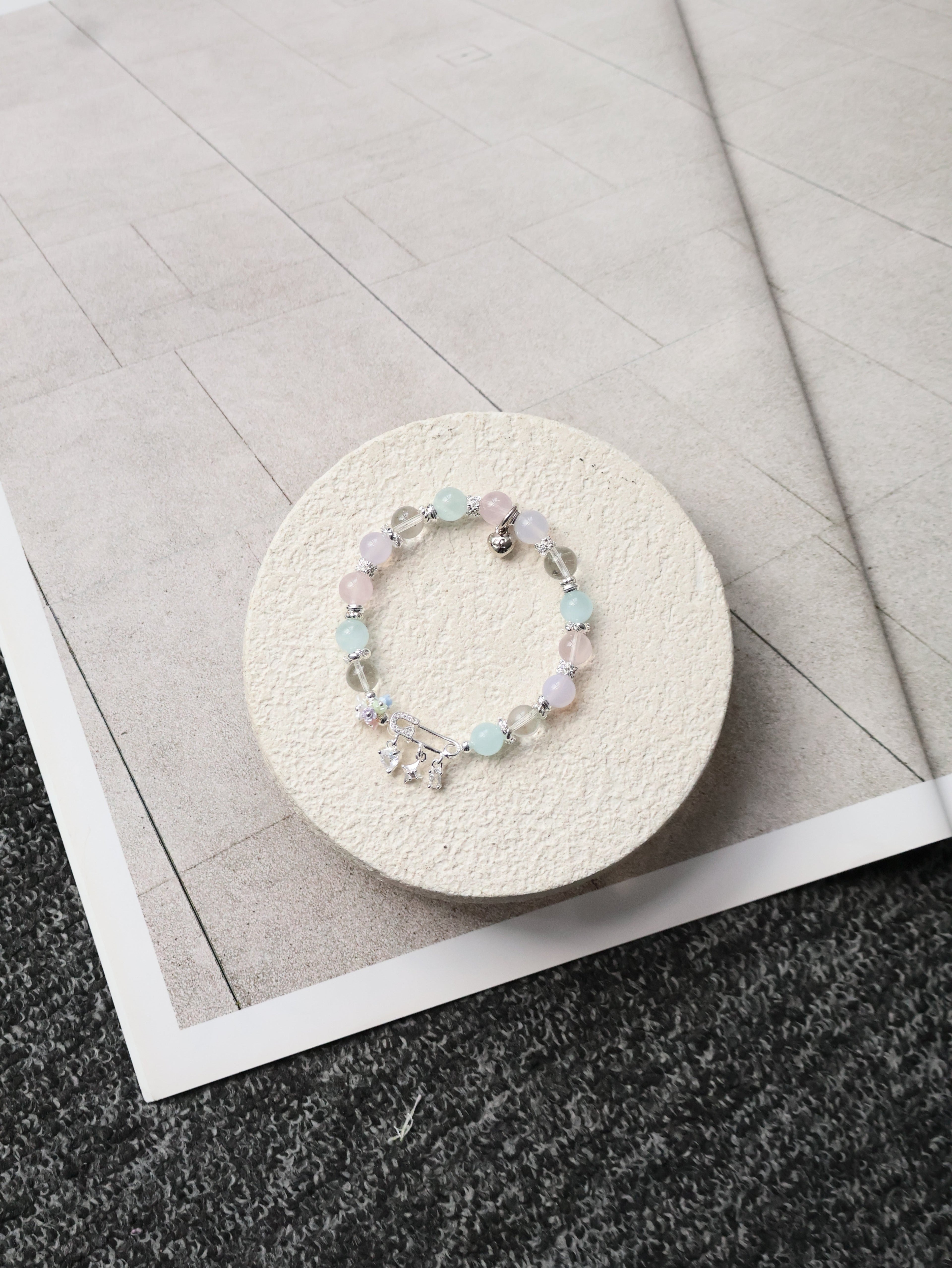 Rose Quartz, Lilac Chalcedony, Aquamarine & Green Phantom Quartz Crystal Bracelet ¡ª Genevieve | 8mm (Safety Pin Charm, Elastic)