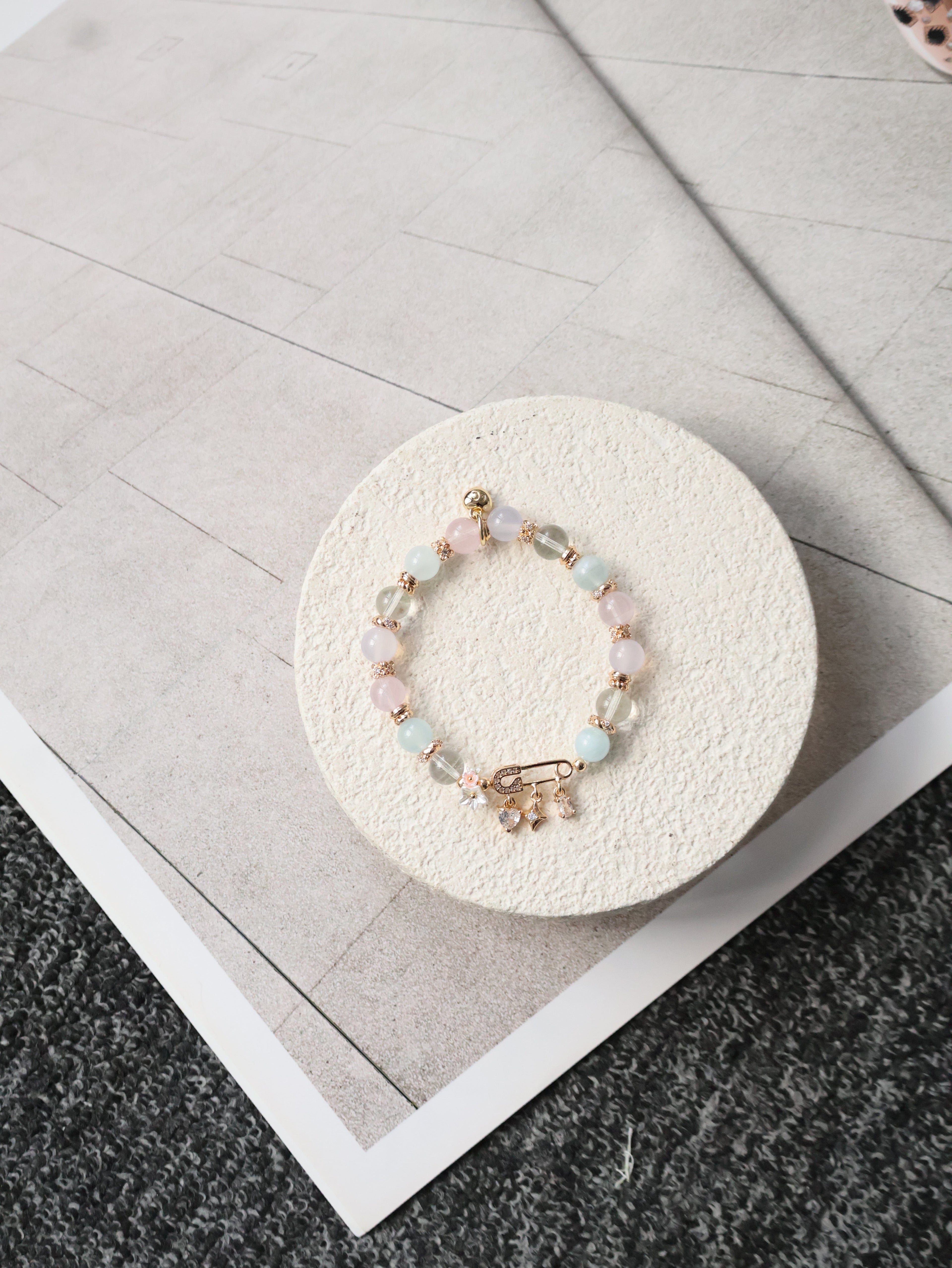 Rose Quartz, Lilac Chalcedony, Aquamarine & Green Phantom Quartz Crystal Bracelet ¡ª Genevieve | 8mm (Safety Pin Charm, Elastic)