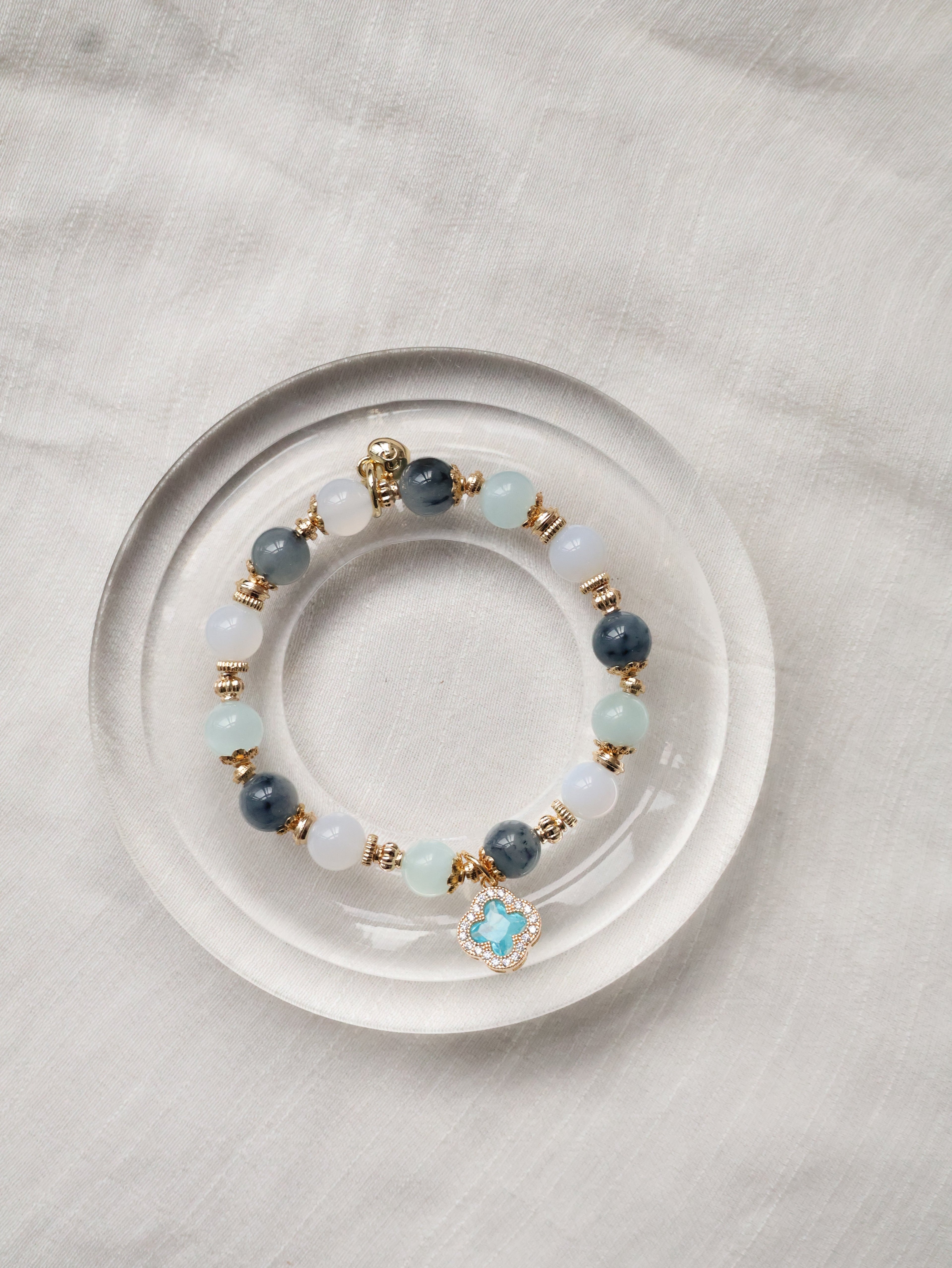 Blue Chalcedony, Aquamarine & Blue Rabbit Hair Crystal Bracelet ¡ª Cordelia Twin Sparkly Clover | 8mm + 10mm (Elastic)