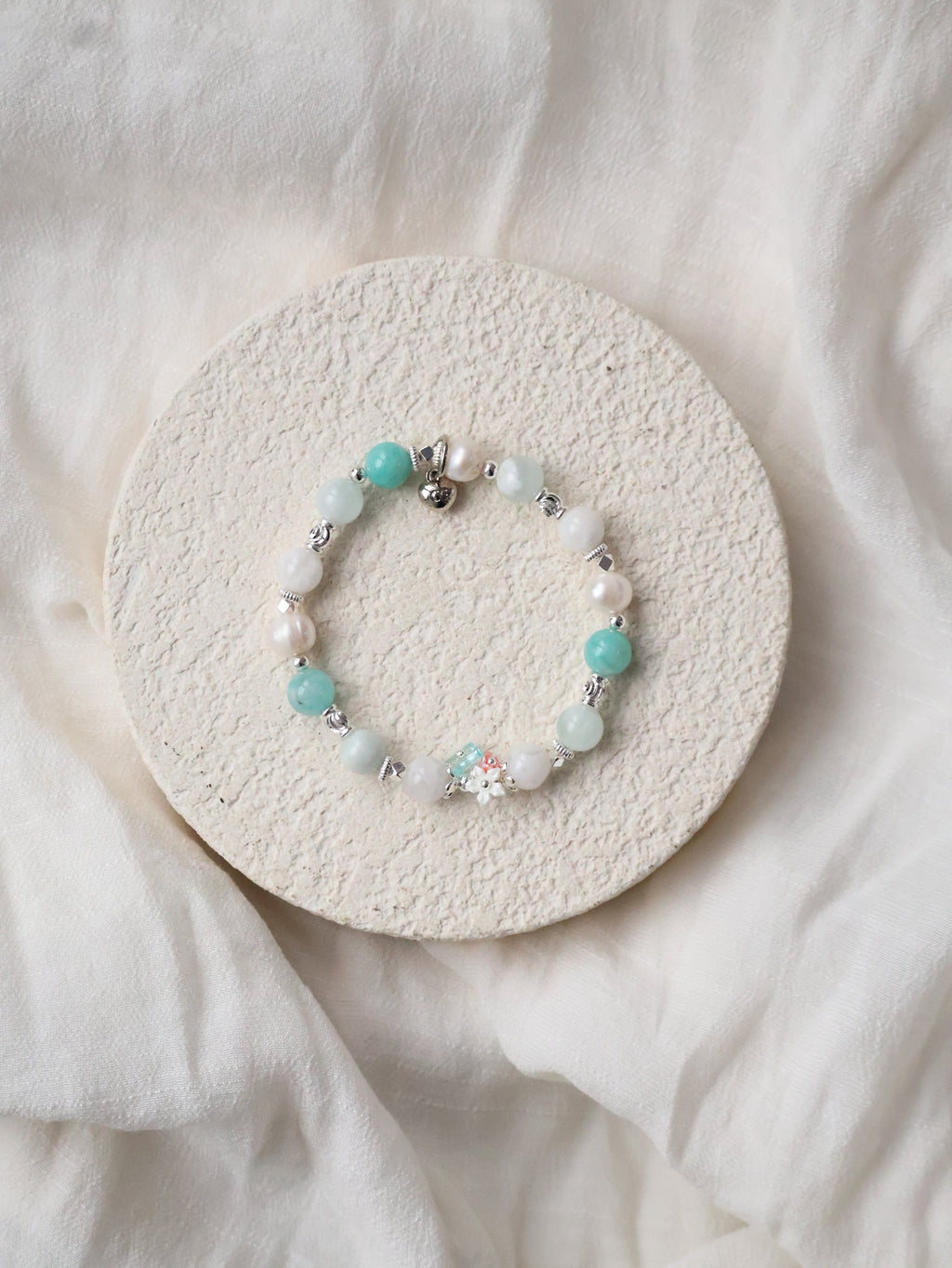 Amazonite, Freshwater Pearl, Aquamarine & Snow Garden Rose Quartz Crystal Bracelet ¡ª Freina | 8mm (Elastic)