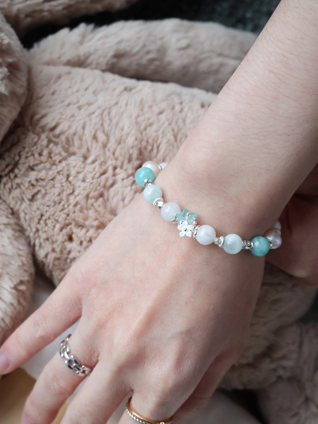 Amazonite, Freshwater Pearl, Aquamarine & Snow Garden Rose Quartz Crystal Bracelet ¡ª Freina | 8mm (Elastic)