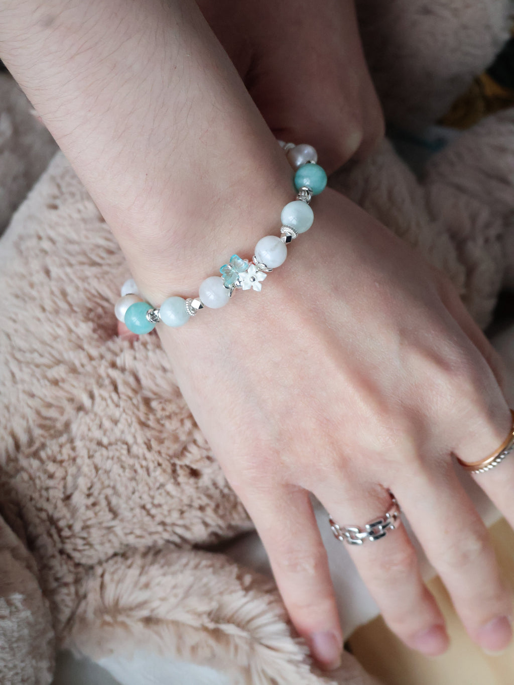 Amazonite, Freshwater Pearl, Aquamarine & Snow Garden Rose Quartz Crystal Bracelet ¡ª Freina | 8mm (Elastic)