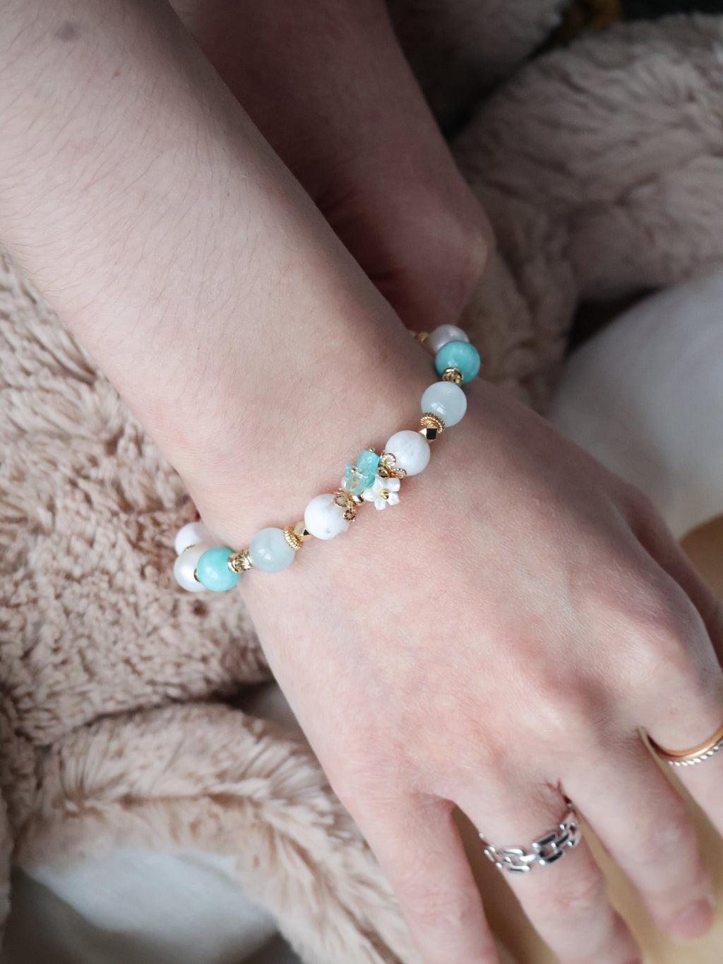 Amazonite, Freshwater Pearl, Aquamarine & Snow Garden Rose Quartz Crystal Bracelet ¡ª Freina | 8mm (Elastic)