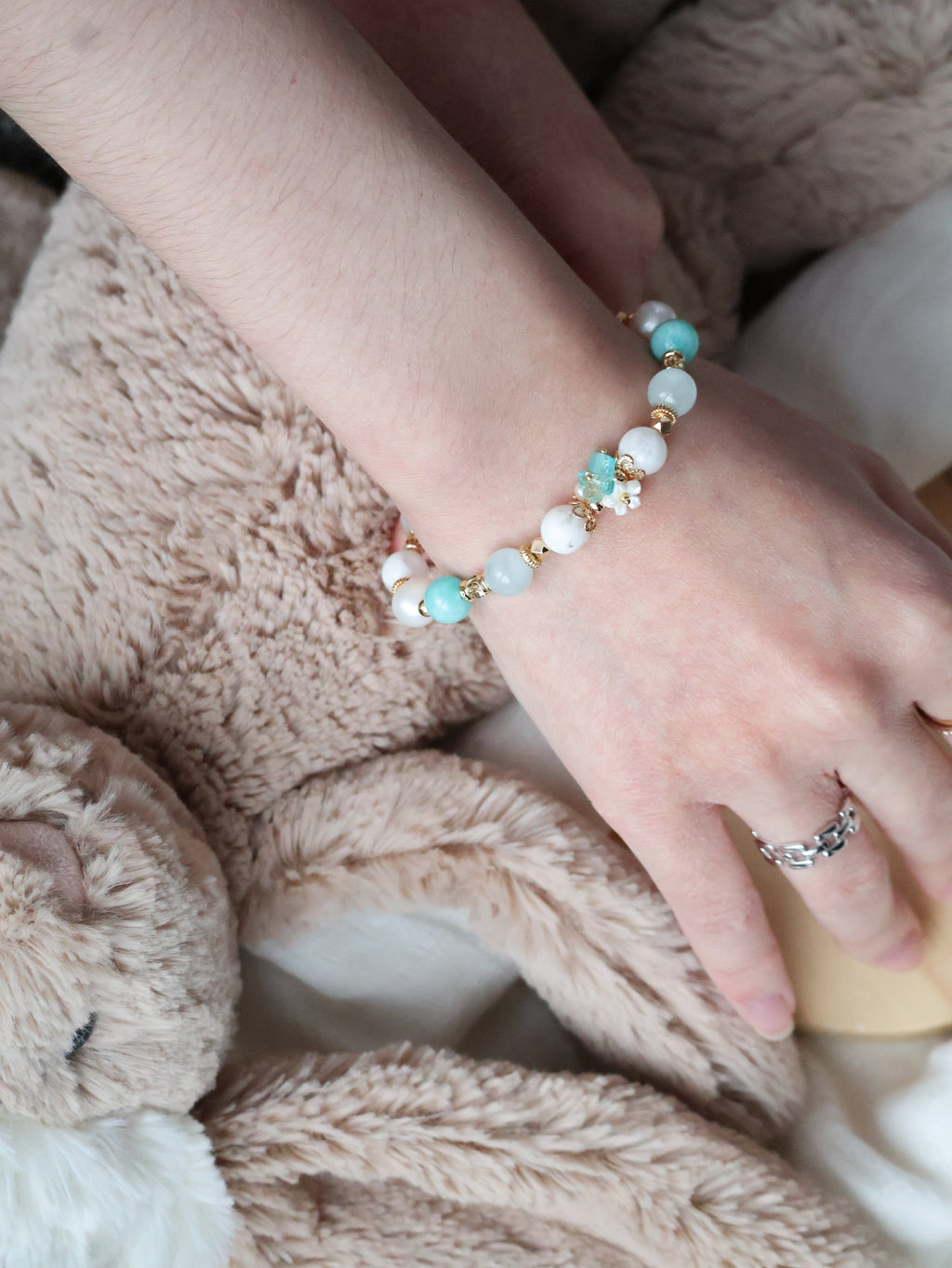 Amazonite, Freshwater Pearl, Aquamarine & Snow Garden Rose Quartz Crystal Bracelet ¡ª Freina | 8mm (Elastic)