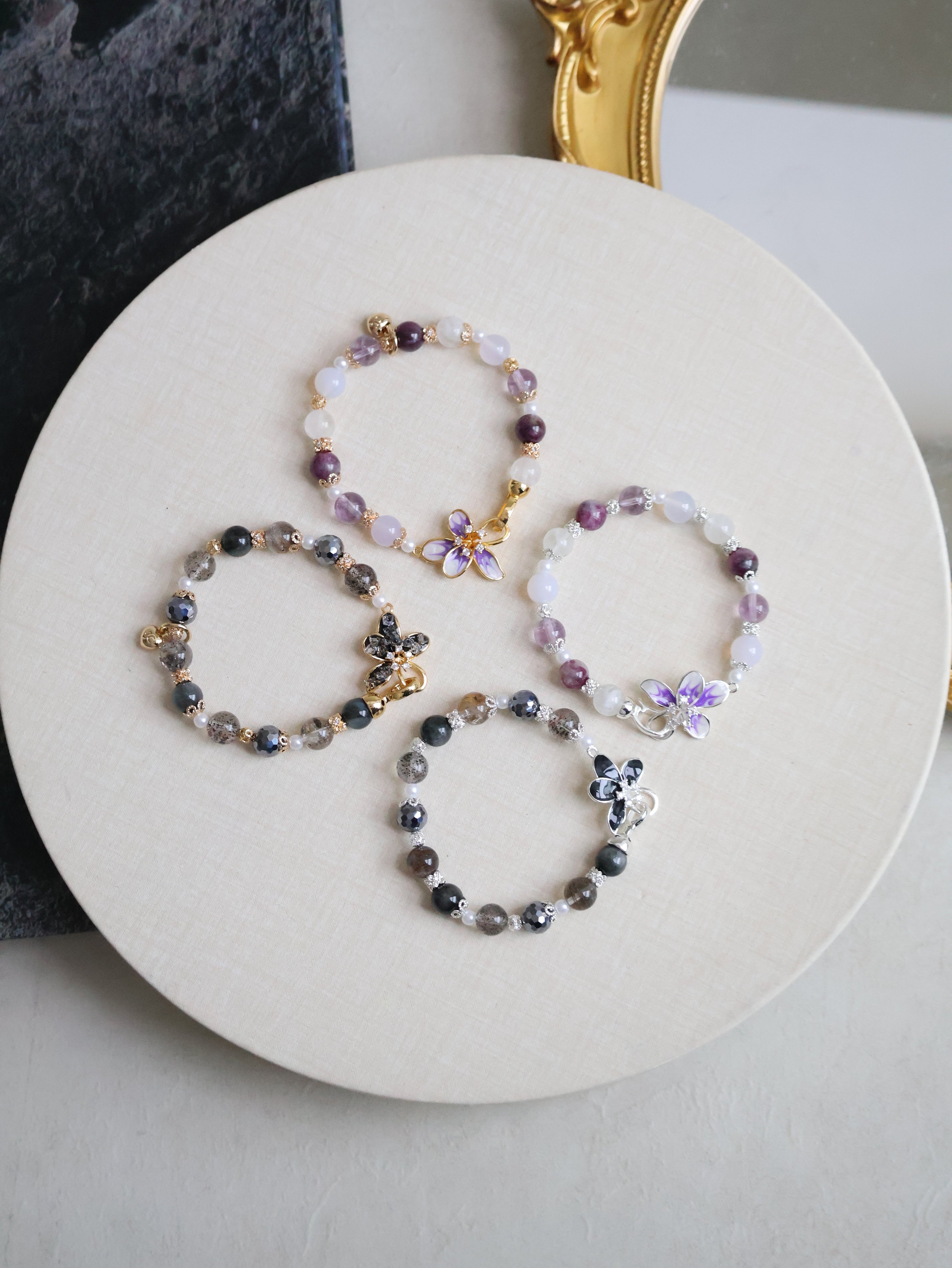 Black Strawberry Quartz, Hematite, Herkimer Diamond & Grey Tiger¡¯s Eye ¡ª Plumeria Black | 8mm (Elastic, OT Clasp)