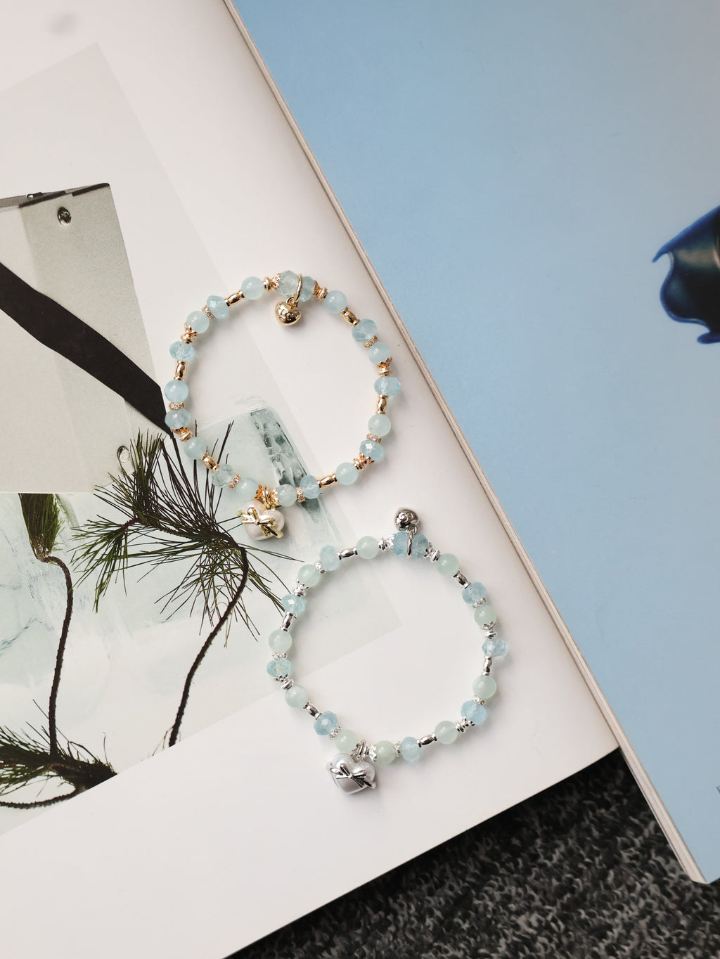 Blue Topaz & Aquamarine Crystal Bracelet with Heart Charm ¡ª Airi | 6mm (Elastic)