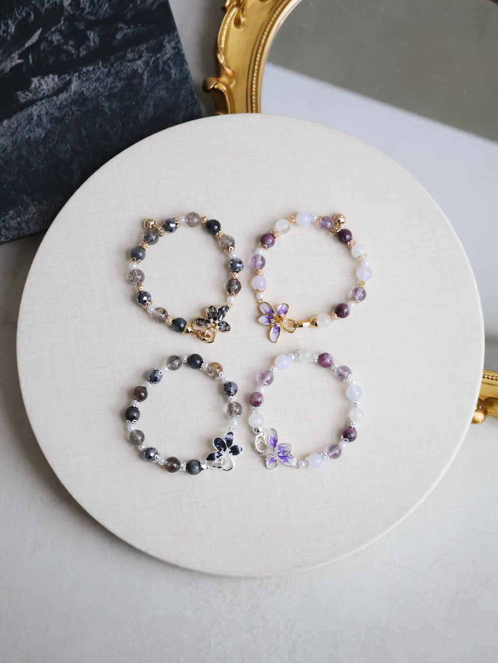 Black Strawberry Quartz, Hematite, Herkimer Diamond & Grey Tiger¡¯s Eye ¡ª Plumeria Black | 8mm (Elastic, OT Clasp)