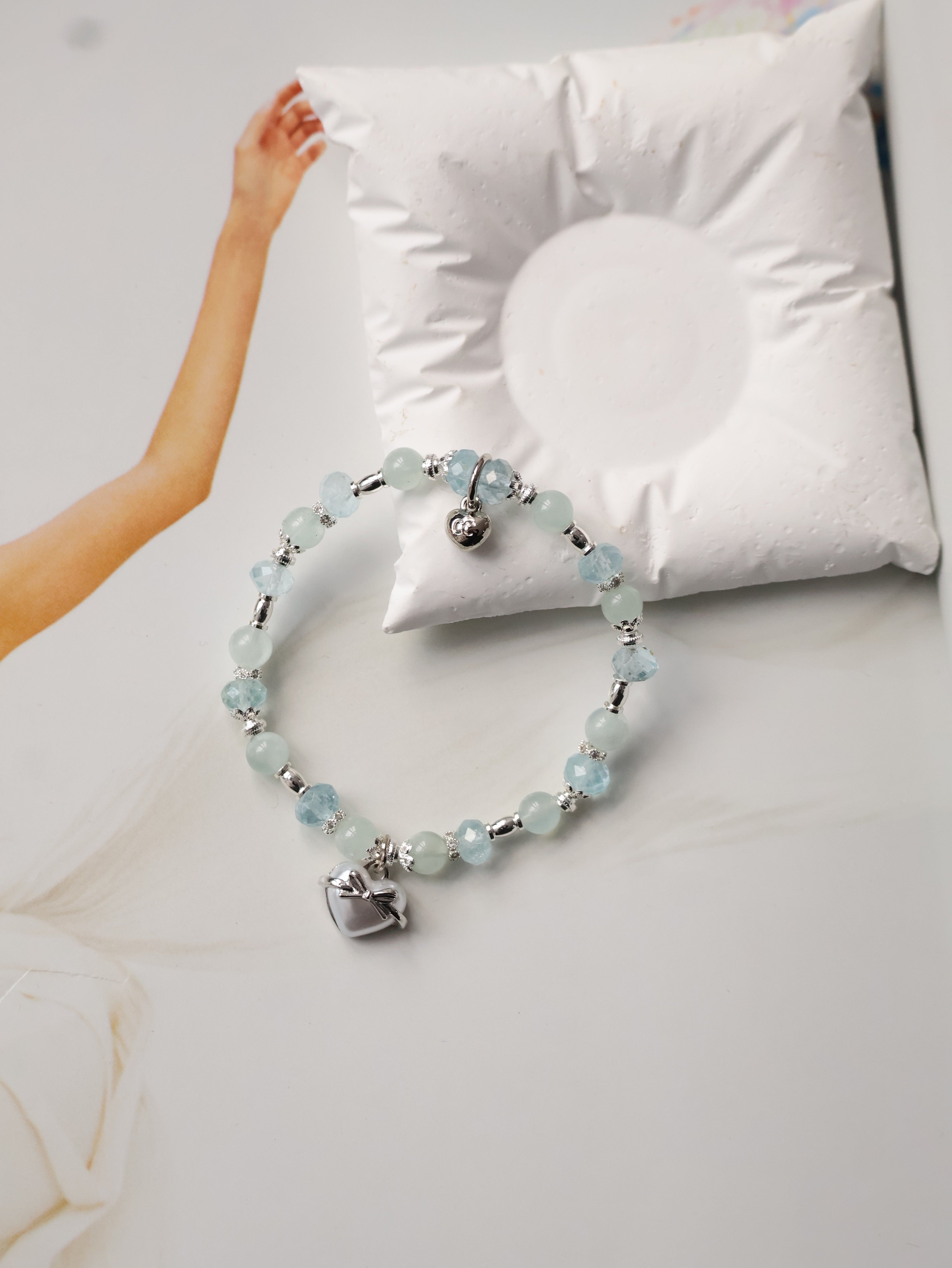 Blue Topaz & Aquamarine Crystal Bracelet with Heart Charm ¡ª Airi | 6mm (Elastic)