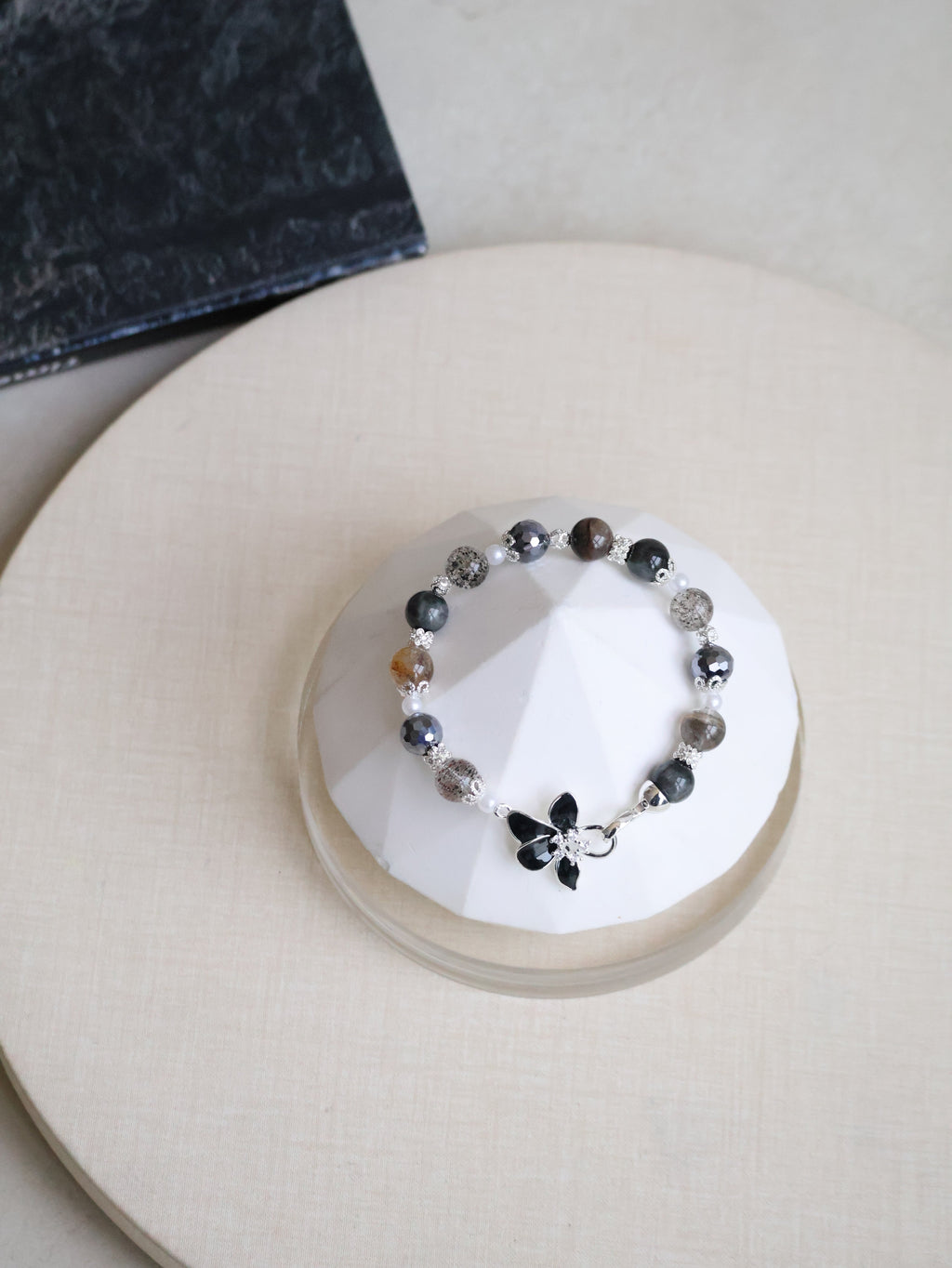 Black Strawberry Quartz, Hematite, Herkimer Diamond & Grey Tiger¡¯s Eye ¡ª Plumeria Black | 8mm (Elastic, OT Clasp)