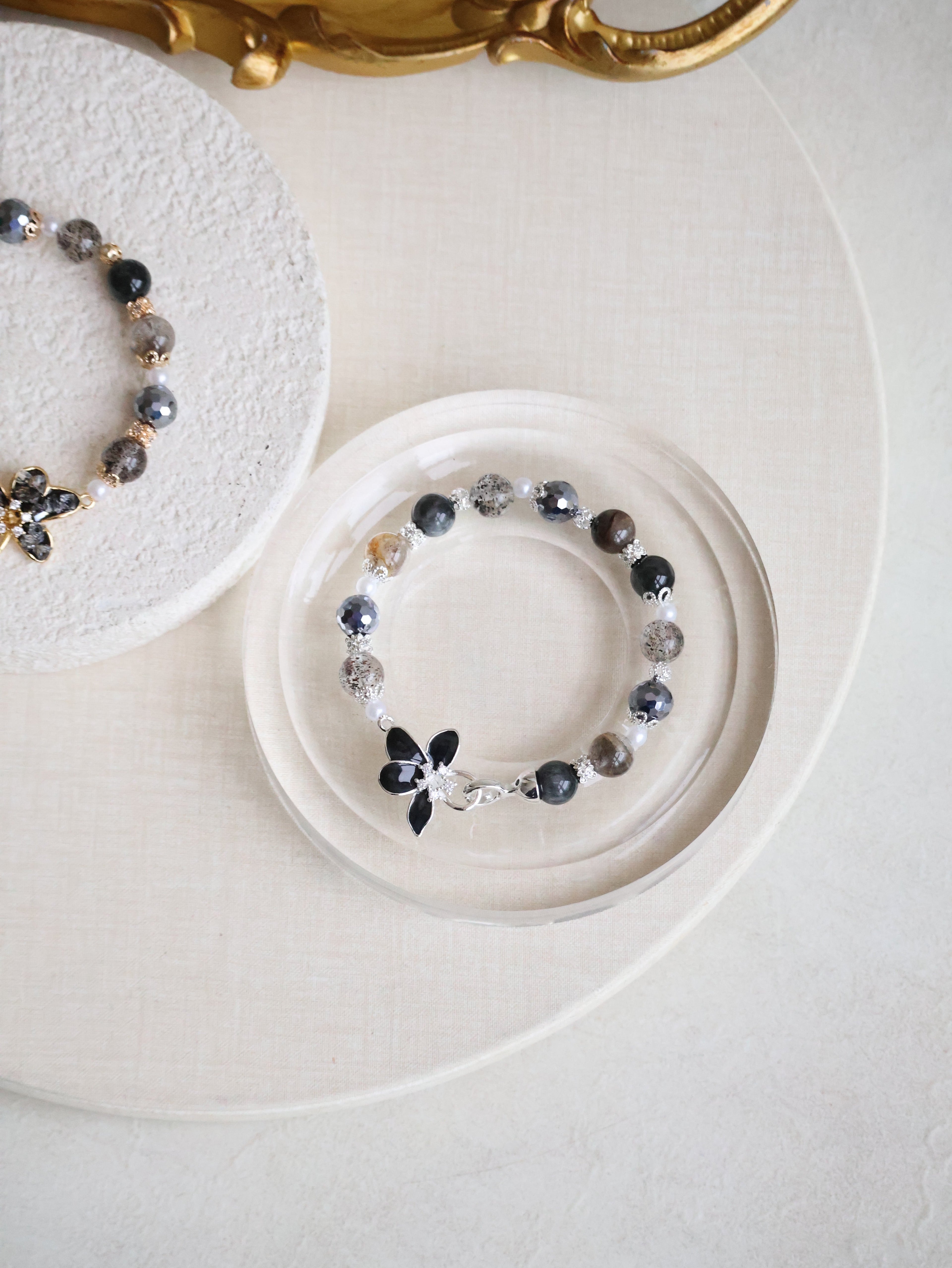 Black Strawberry Quartz, Hematite, Herkimer Diamond & Grey Tiger¡¯s Eye ¡ª Plumeria Black | 8mm (Elastic, OT Clasp)