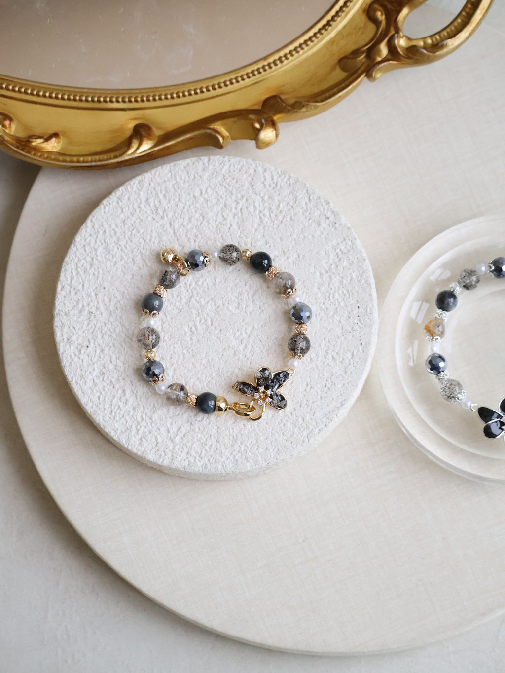 Black Strawberry Quartz, Hematite, Herkimer Diamond & Grey Tiger¡¯s Eye ¡ª Plumeria Black | 8mm (Elastic, OT Clasp)