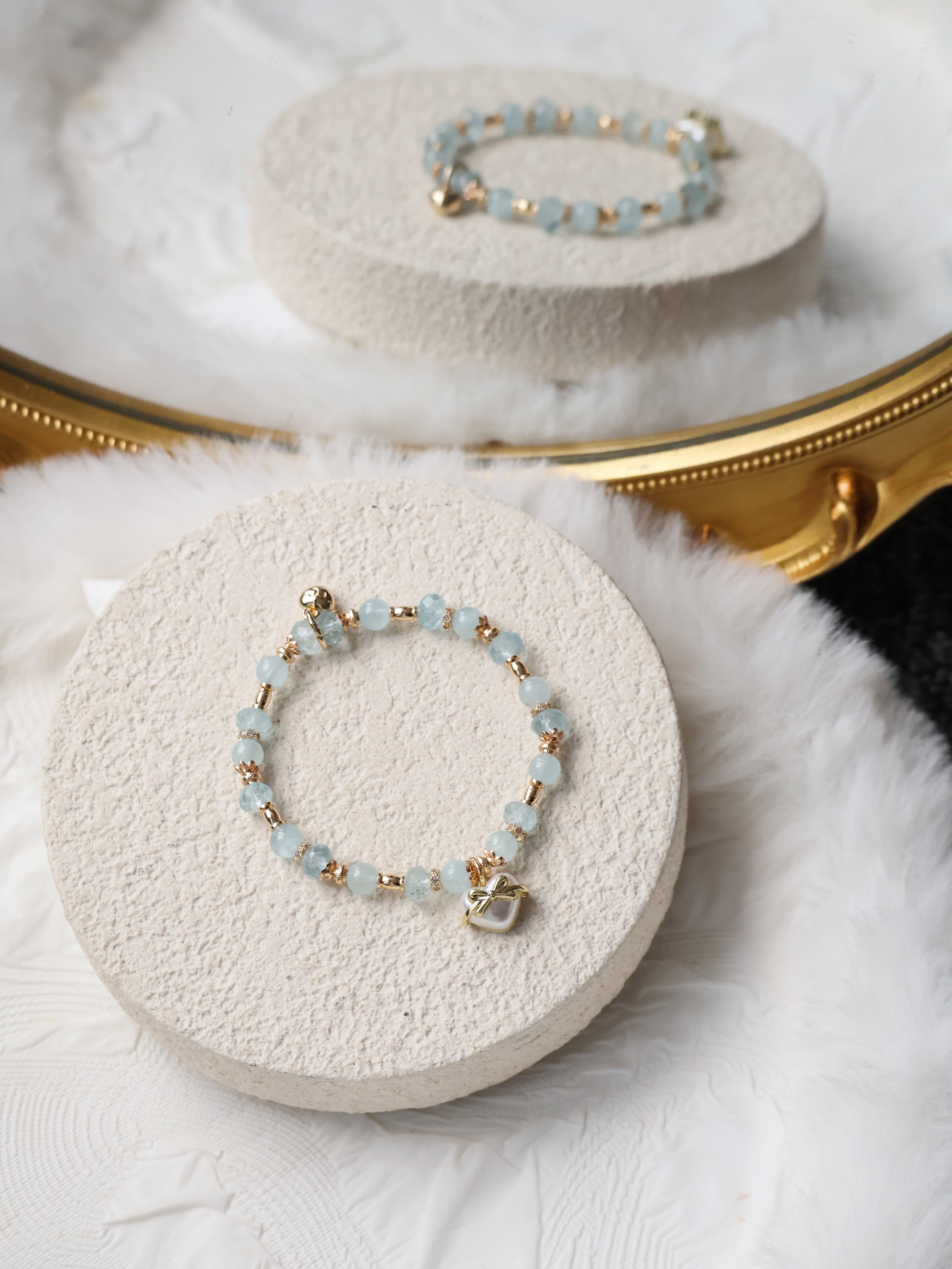 Blue Topaz & Aquamarine Crystal Bracelet with Heart Charm ¡ª Airi | 6mm (Elastic)