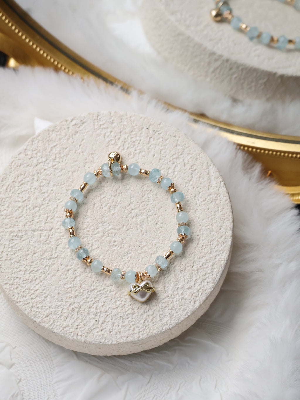 Blue Topaz & Aquamarine Crystal Bracelet with Heart Charm ¡ª Airi | 6mm (Elastic)