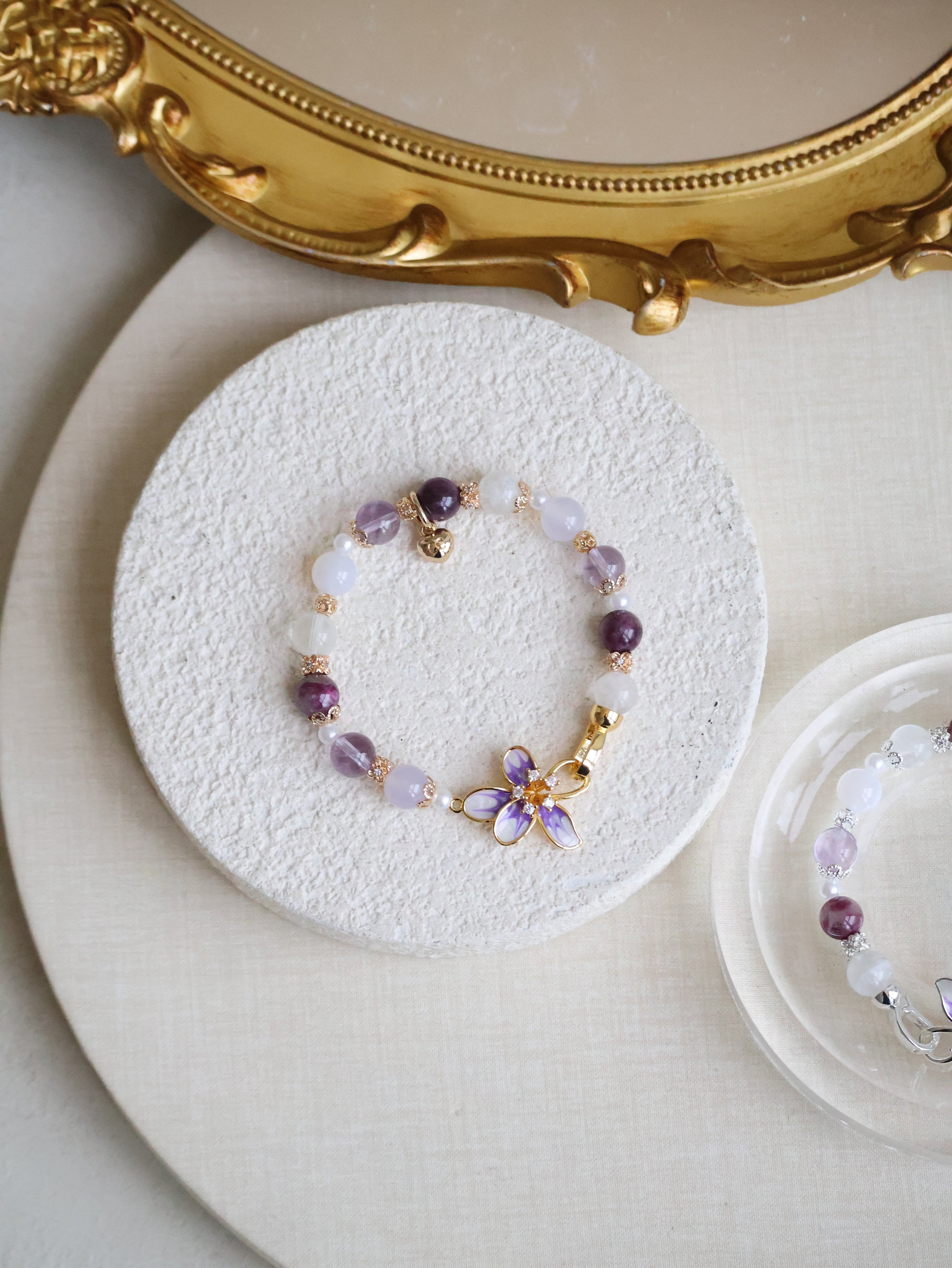 Unicorn Stone, White Phantom Quartz, Lilac Chalcedony & Amethyst ¡ª Plumeria Purple | 8mm (Elastic, OT Clasp)