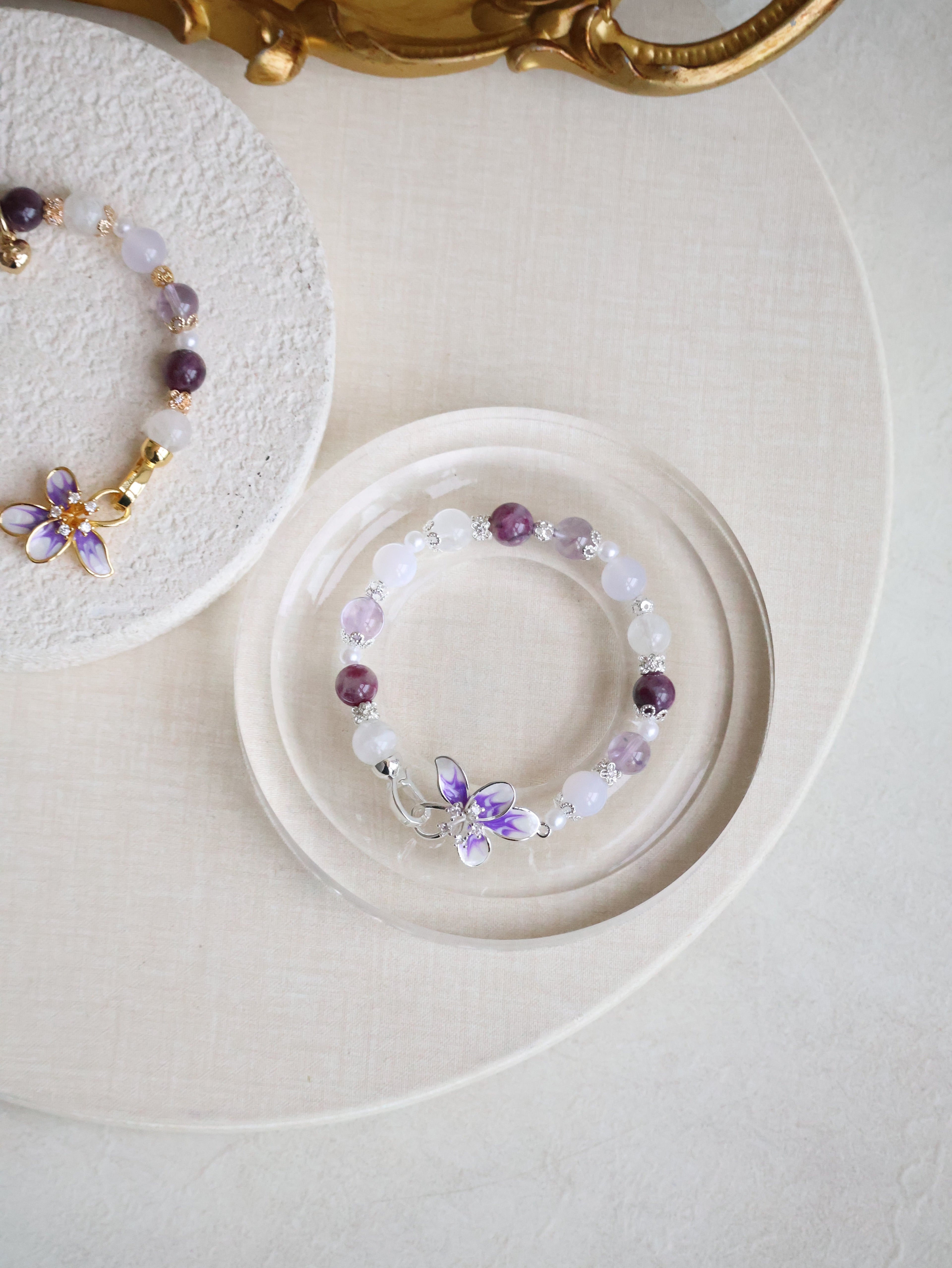 Unicorn Stone, White Phantom Quartz, Lilac Chalcedony & Amethyst ¡ª Plumeria Purple | 8mm (Elastic, OT Clasp)