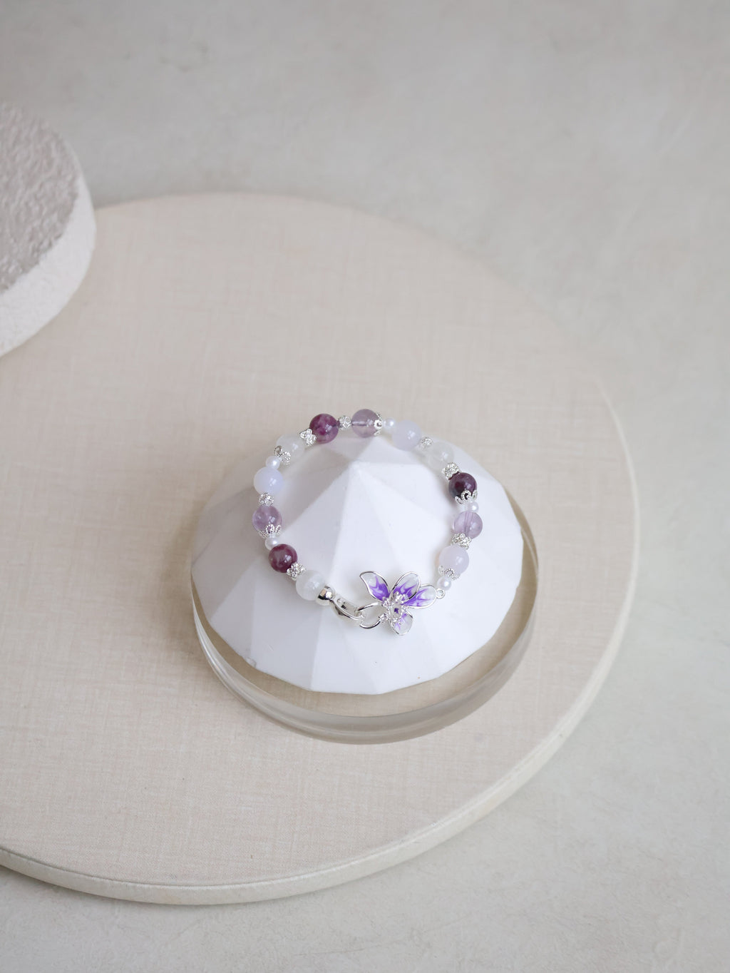Unicorn Stone, White Phantom Quartz, Lilac Chalcedony & Amethyst ¡ª Plumeria Purple | 8mm (Elastic, OT Clasp)