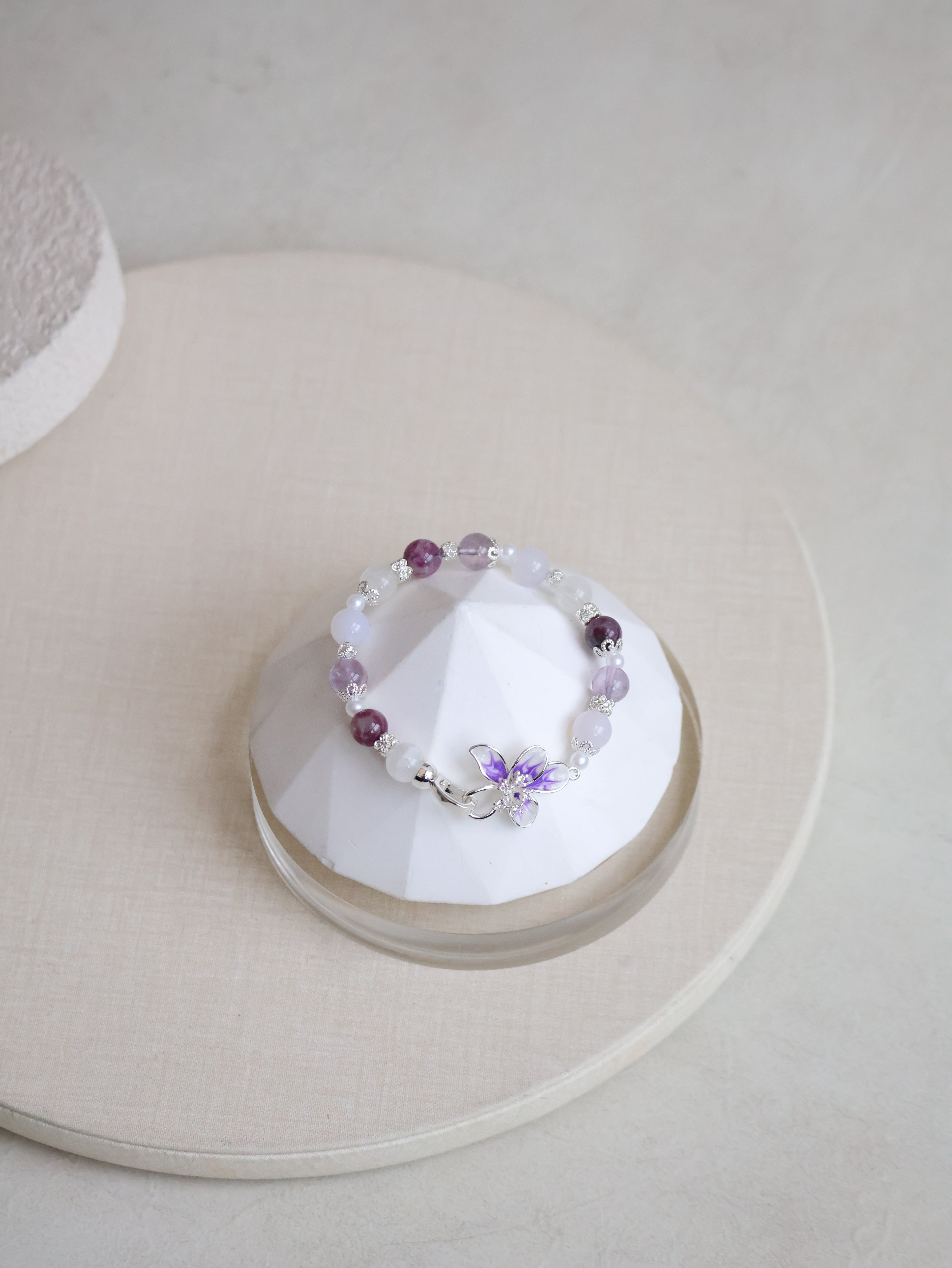 Unicorn Stone, White Phantom Quartz, Lilac Chalcedony & Amethyst ¡ª Plumeria Purple | 8mm (Elastic, OT Clasp)