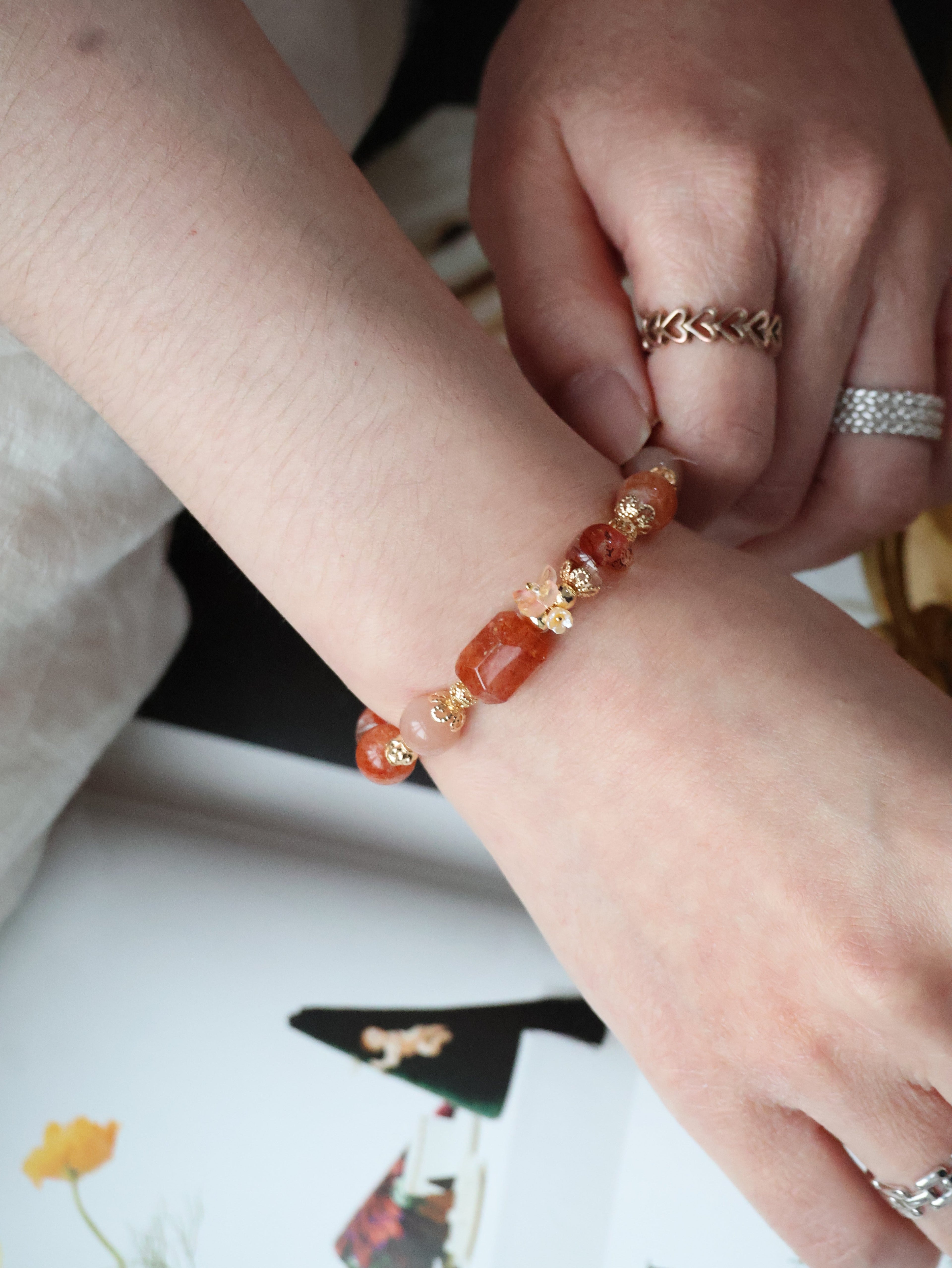 Sunstone, Fire Quartz & Peach Moonstone Crystal Bracelet ¡ª Apricot | 8mm (Elastic)