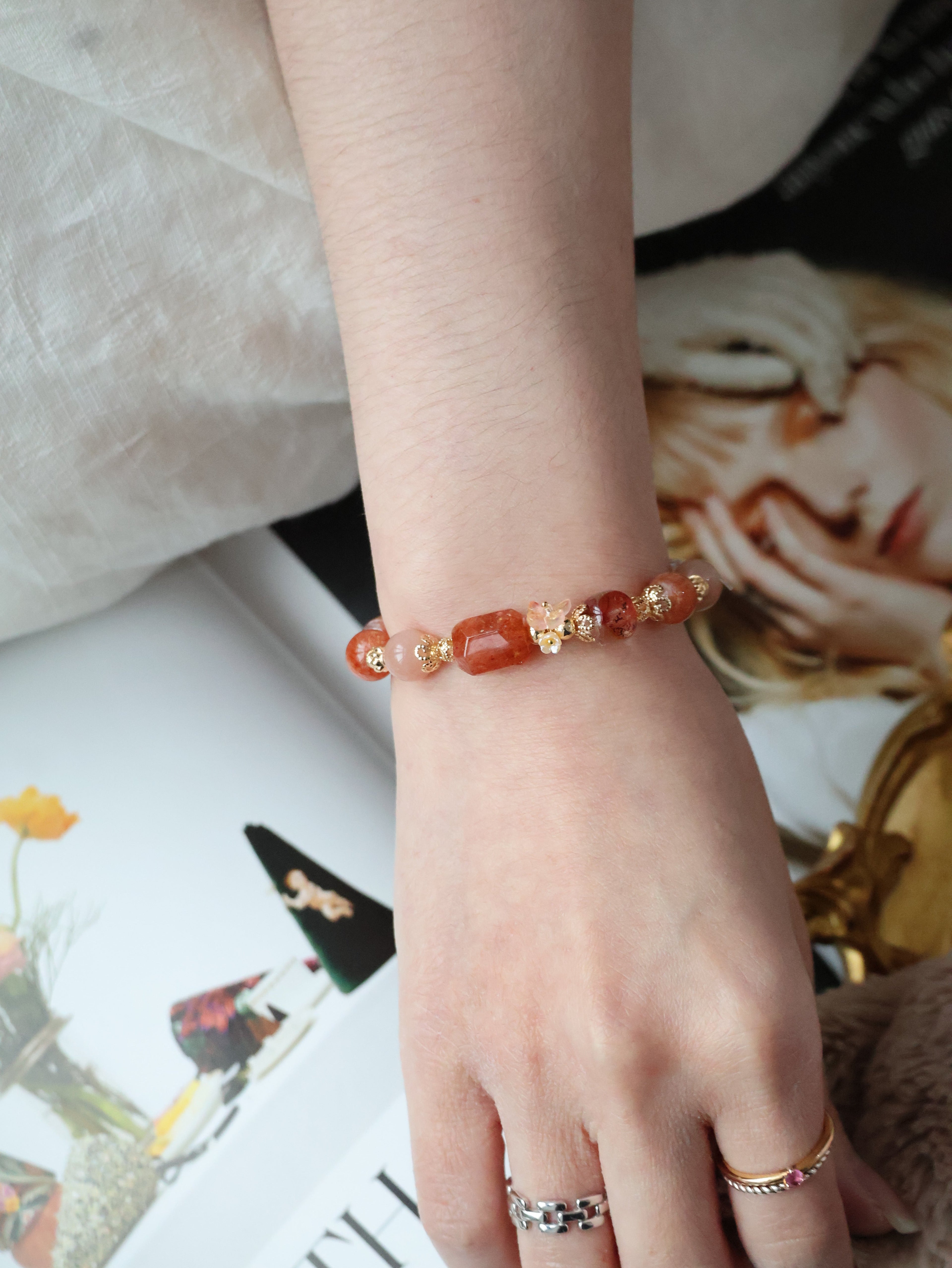 Sunstone, Fire Quartz & Peach Moonstone Crystal Bracelet ¡ª Apricot | 8mm (Elastic)