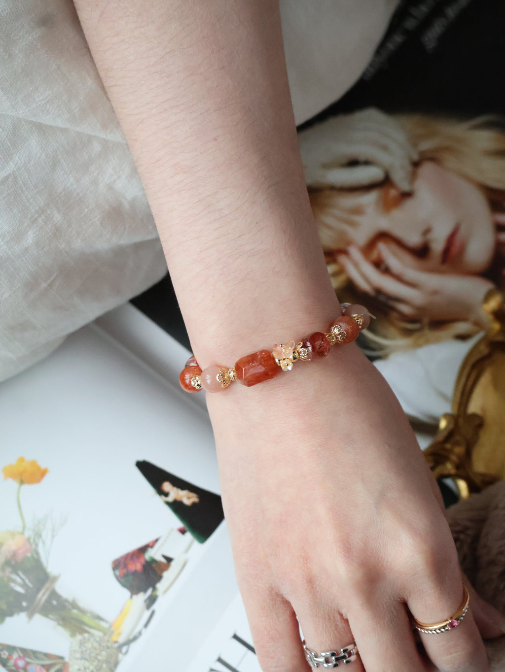 Sunstone, Fire Quartz & Peach Moonstone Crystal Bracelet ¡ª Apricot | 8mm (Elastic)