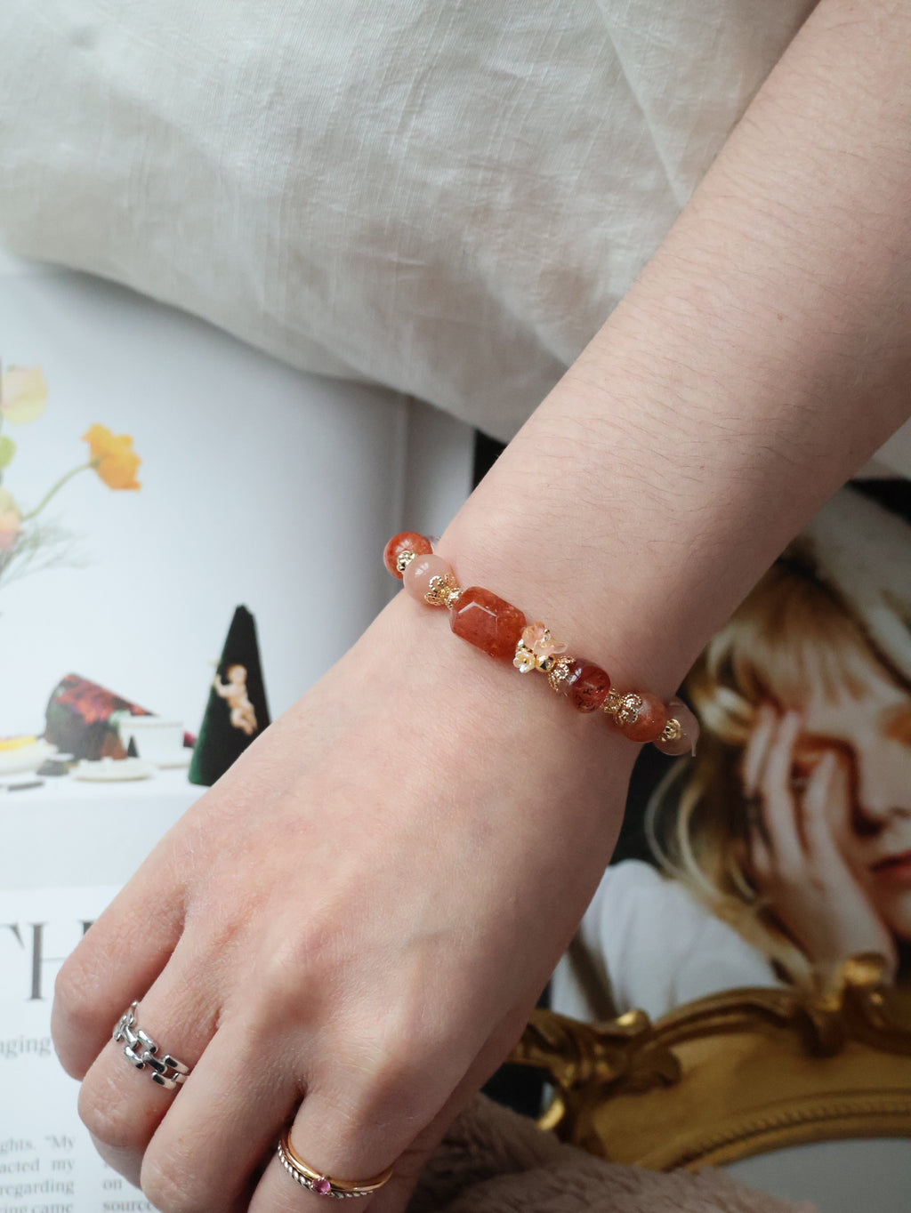Sunstone, Fire Quartz & Peach Moonstone Crystal Bracelet ¡ª Apricot | 8mm (Elastic)