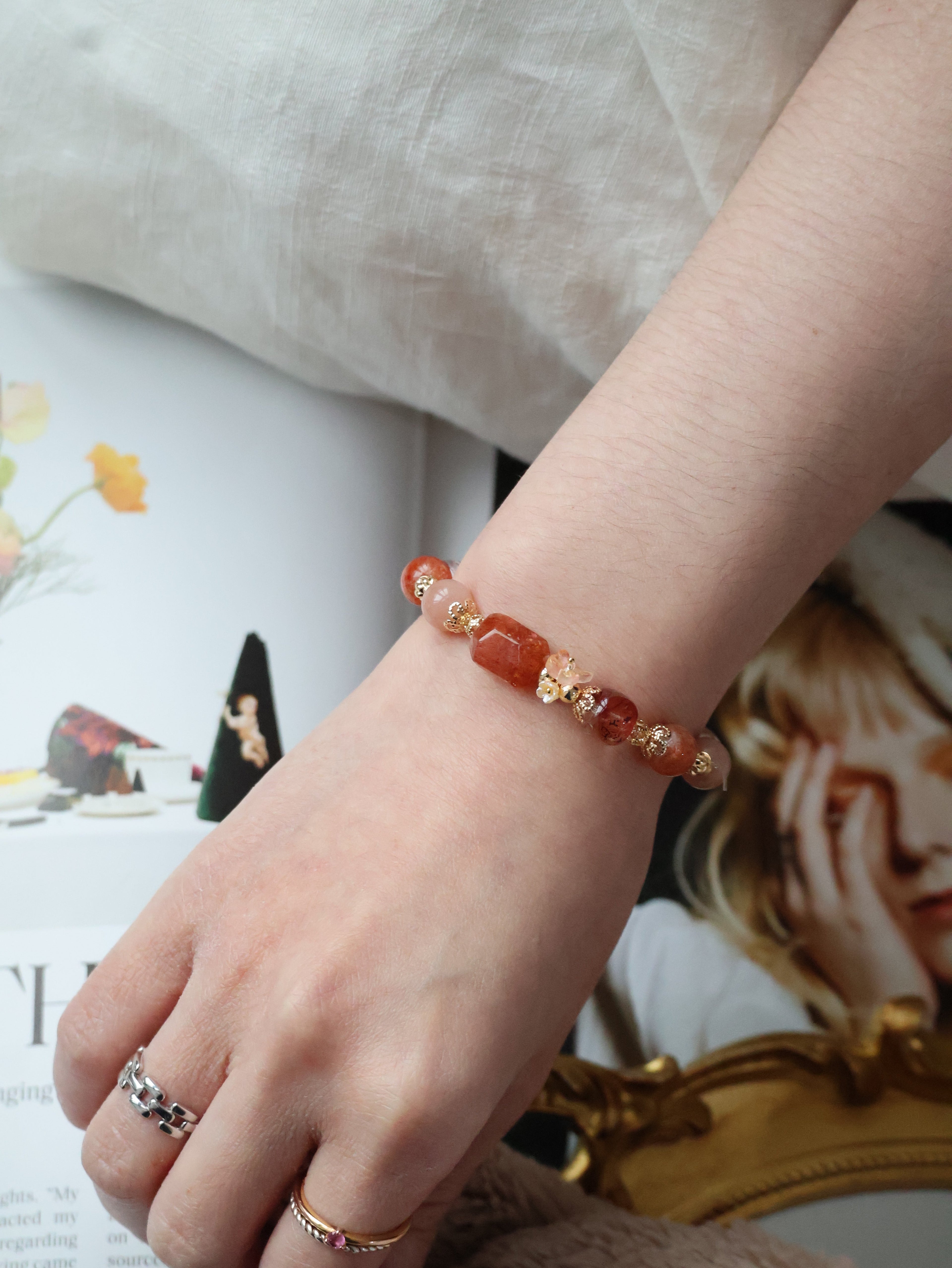 Sunstone, Fire Quartz & Peach Moonstone Crystal Bracelet ¡ª Apricot | 8mm (Elastic)