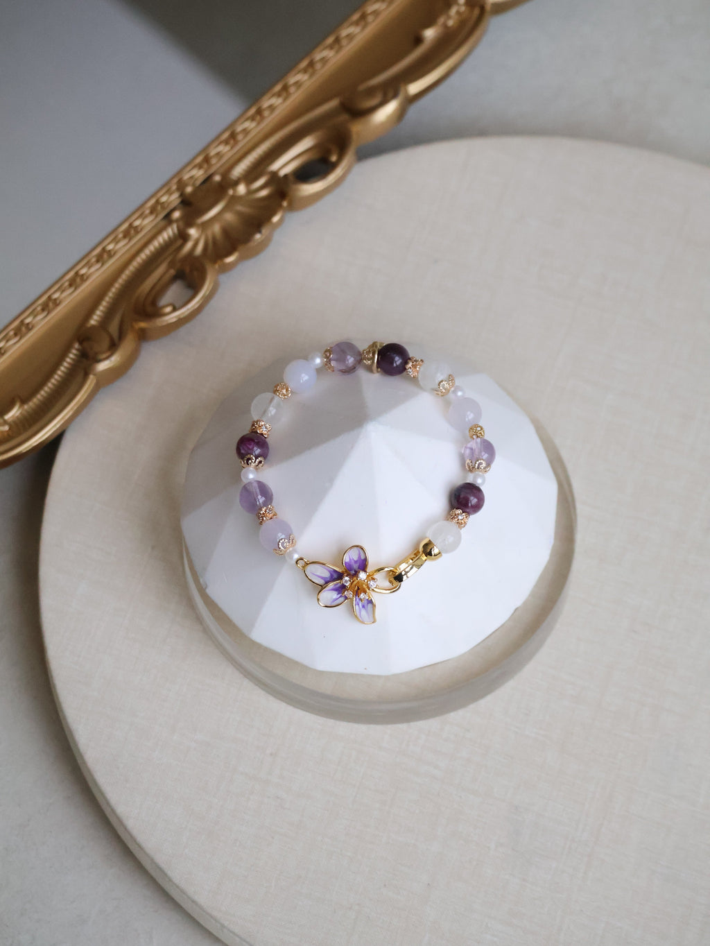 Unicorn Stone, White Phantom Quartz, Lilac Chalcedony & Amethyst ¡ª Plumeria Purple | 8mm (Elastic, OT Clasp)