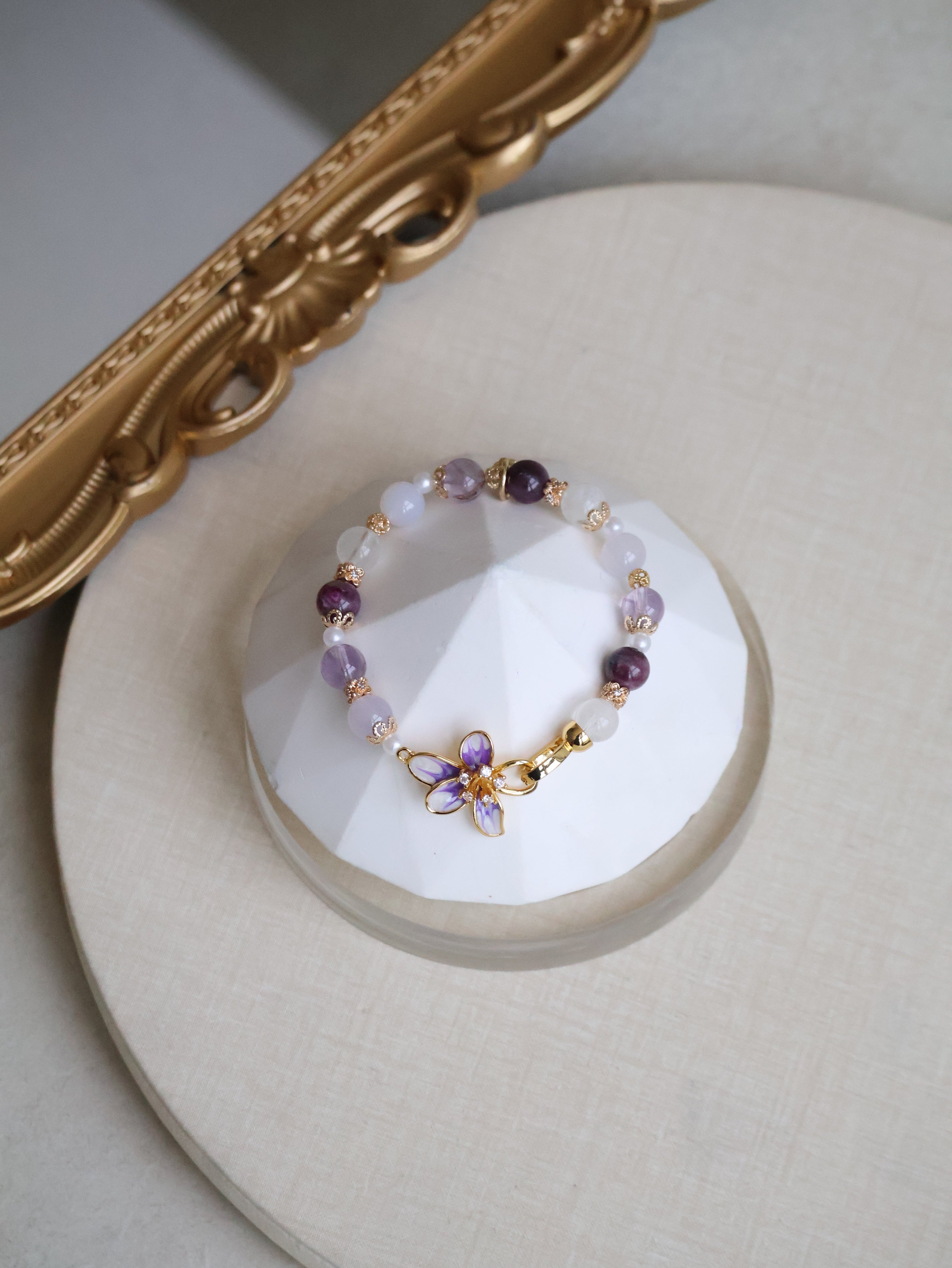 Unicorn Stone, White Phantom Quartz, Lilac Chalcedony & Amethyst ¡ª Plumeria Purple | 8mm (Elastic, OT Clasp)