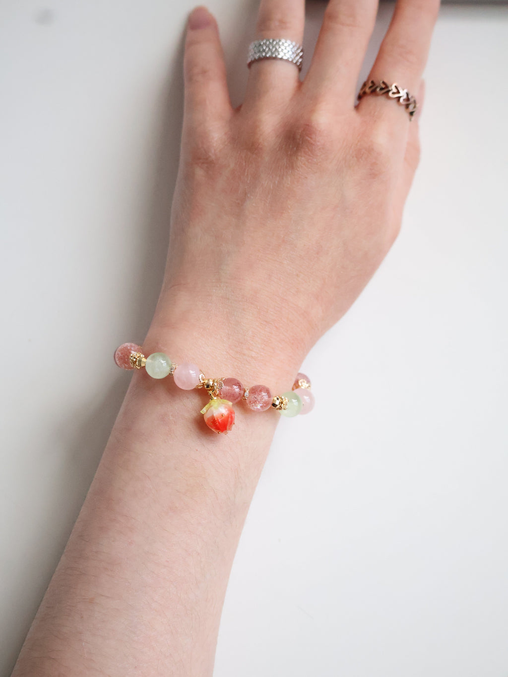 Strawberry Quartz, Prehnite, Rose Quartz & Heated Copper Rutile Crystal Bracelet with Dangly Strawberry Charm ¡ª Anya | 8mm (Elastic)