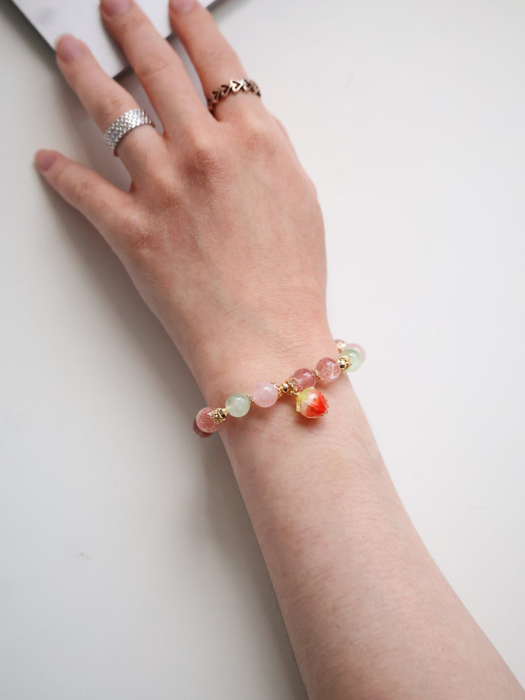 Strawberry Quartz, Prehnite, Rose Quartz & Heated Copper Rutile Crystal Bracelet with Dangly Strawberry Charm ¡ª Anya | 8mm (Elastic)