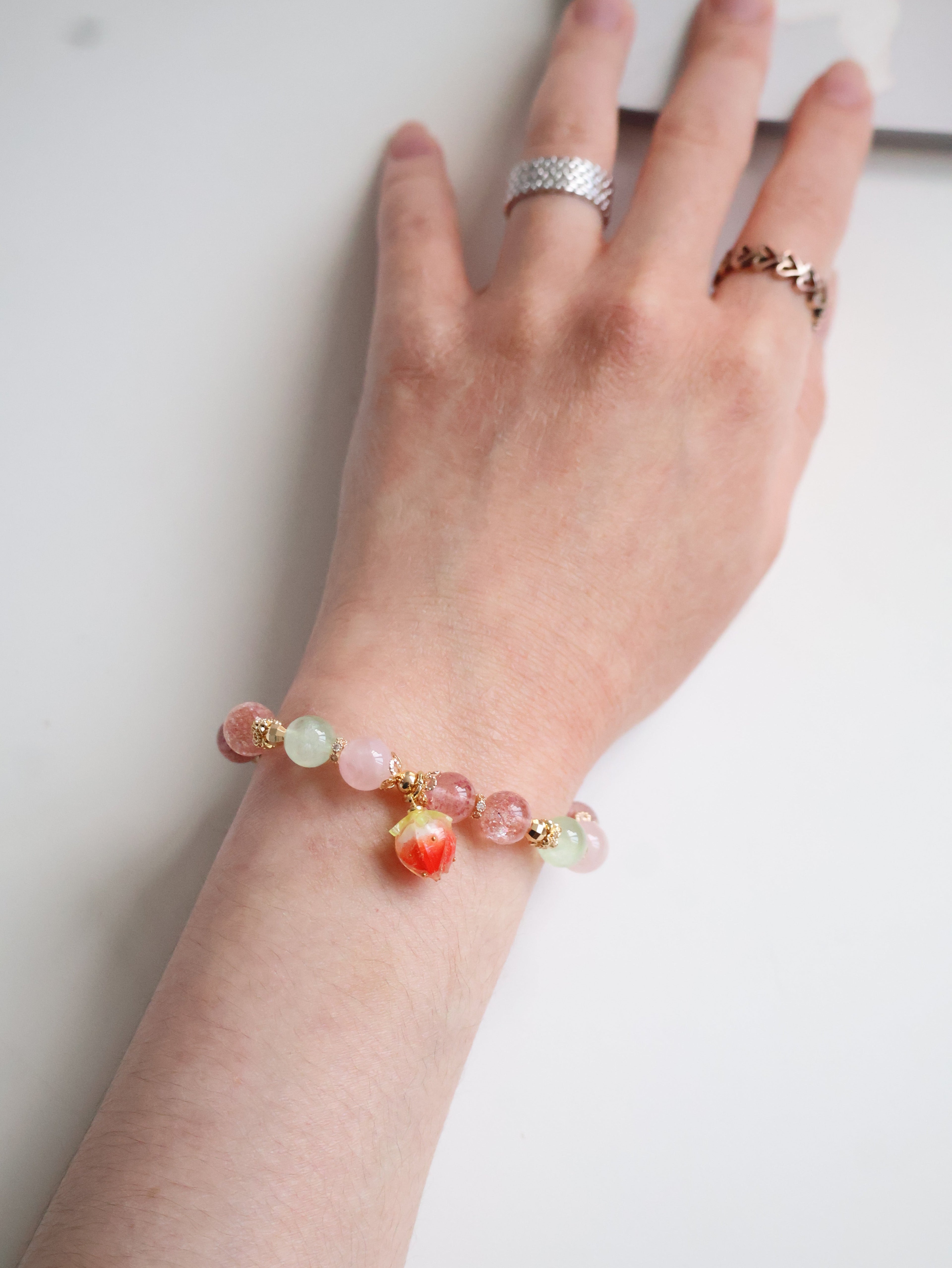 Strawberry Quartz, Prehnite, Rose Quartz & Heated Copper Rutile Crystal Bracelet with Dangly Strawberry Charm ¡ª Anya | 8mm (Elastic)