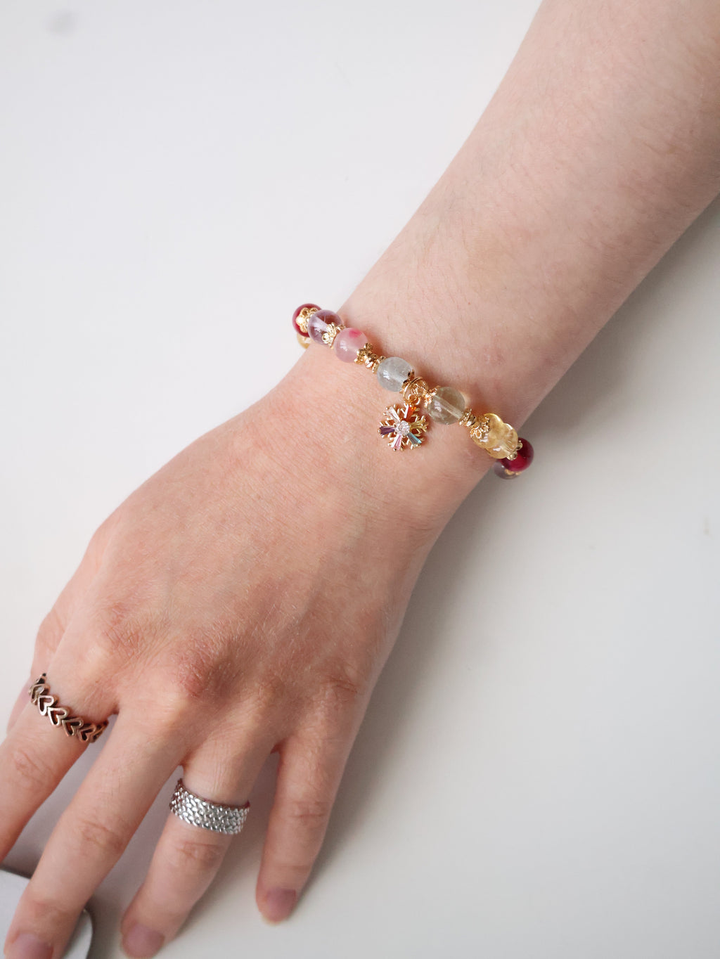 Prasiolite, Amethyst, Blue Topaz, Sakura Rhodonite, Red Star Ruby & Citrine Rondelles Multigem Crystal Bracelet ¡ª Prismette Duobao | Multi-Coloured Snowflake (Elastic)