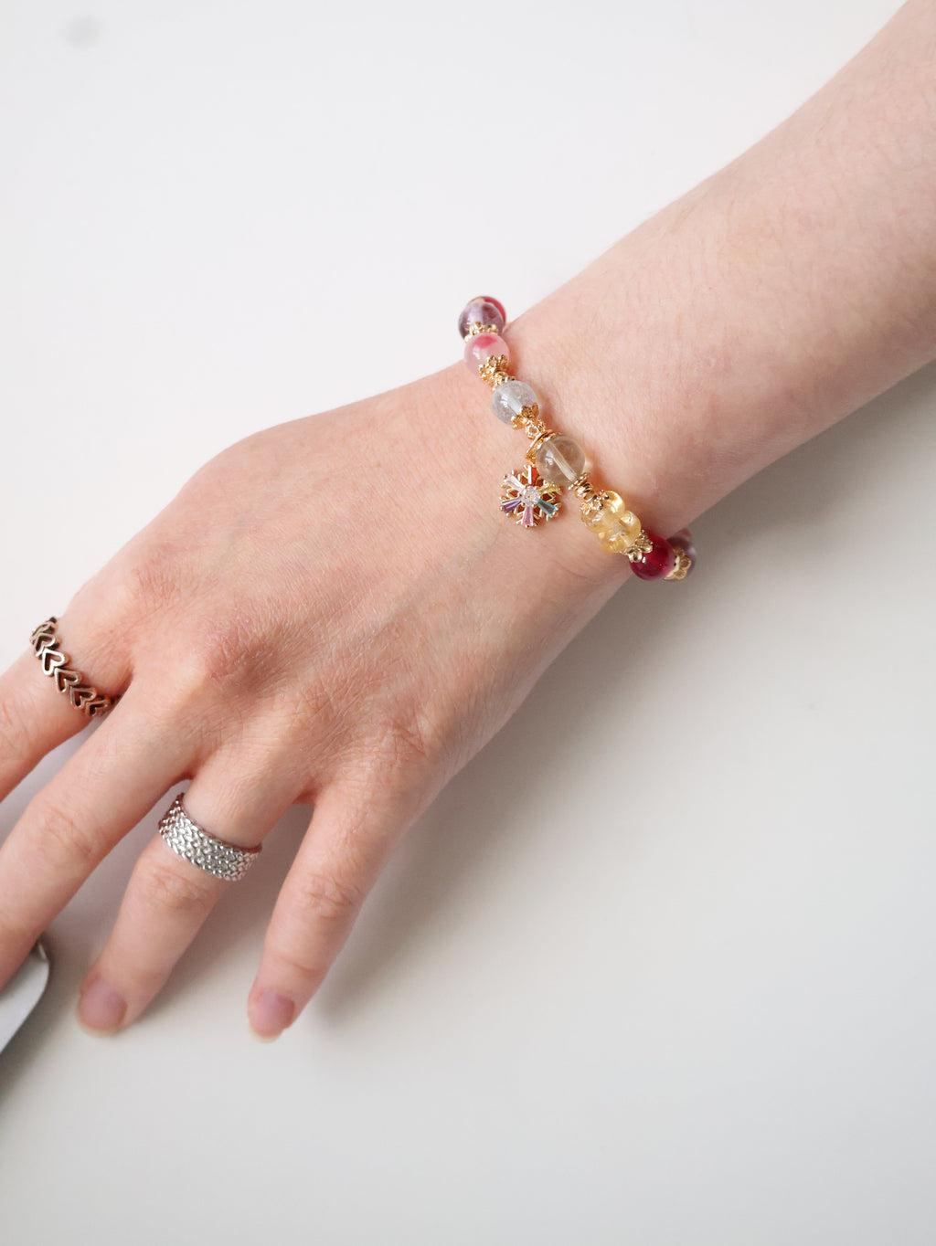 Prasiolite, Amethyst, Blue Topaz, Sakura Rhodonite, Red Star Ruby & Citrine Rondelles Multigem Crystal Bracelet ¡ª Prismette Duobao | Multi-Coloured Snowflake (Elastic)