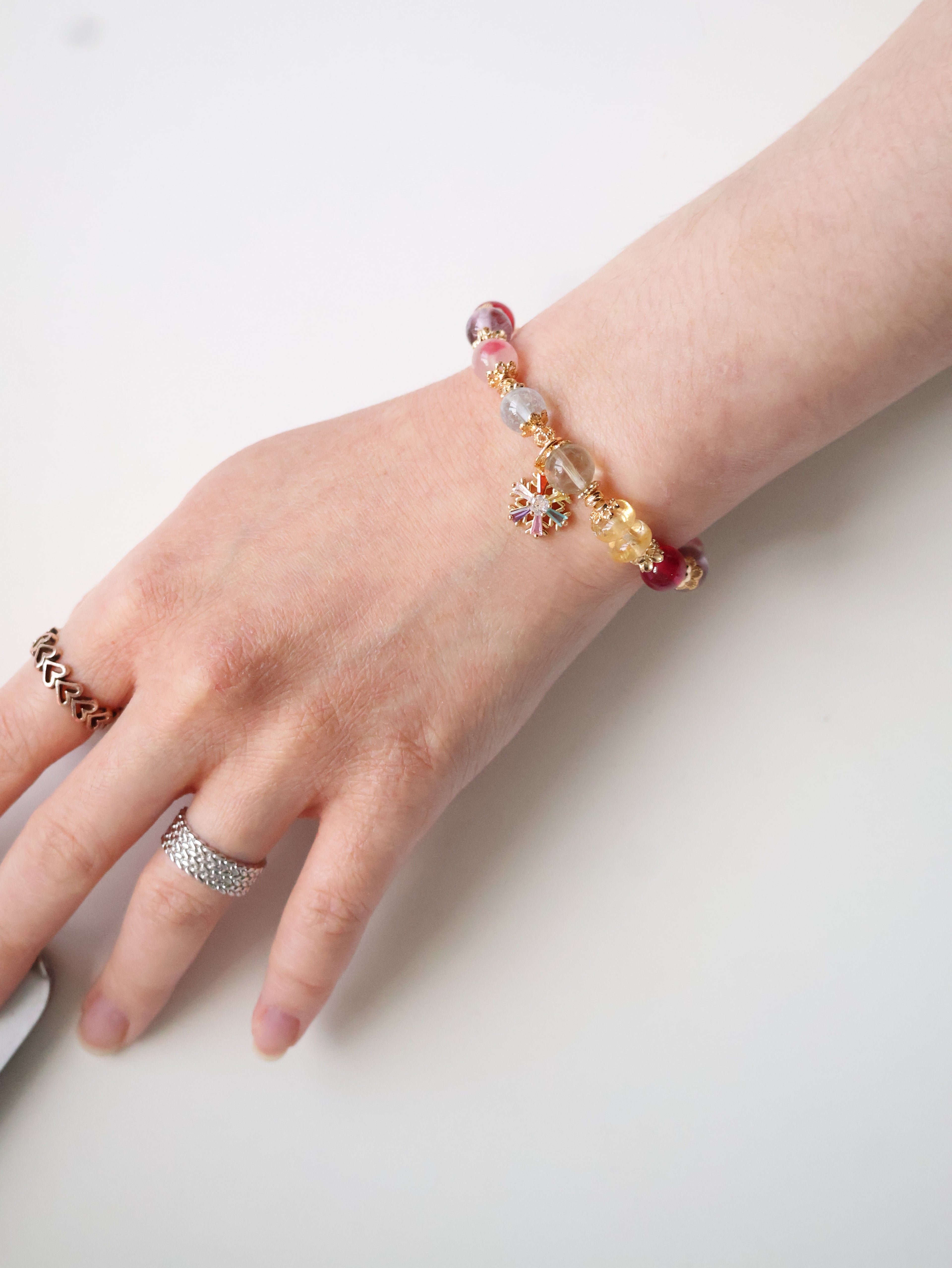 Prasiolite, Amethyst, Blue Topaz, Sakura Rhodonite, Red Star Ruby & Citrine Rondelles Multigem Crystal Bracelet ¡ª Prismette Duobao | Multi-Coloured Snowflake (Elastic)