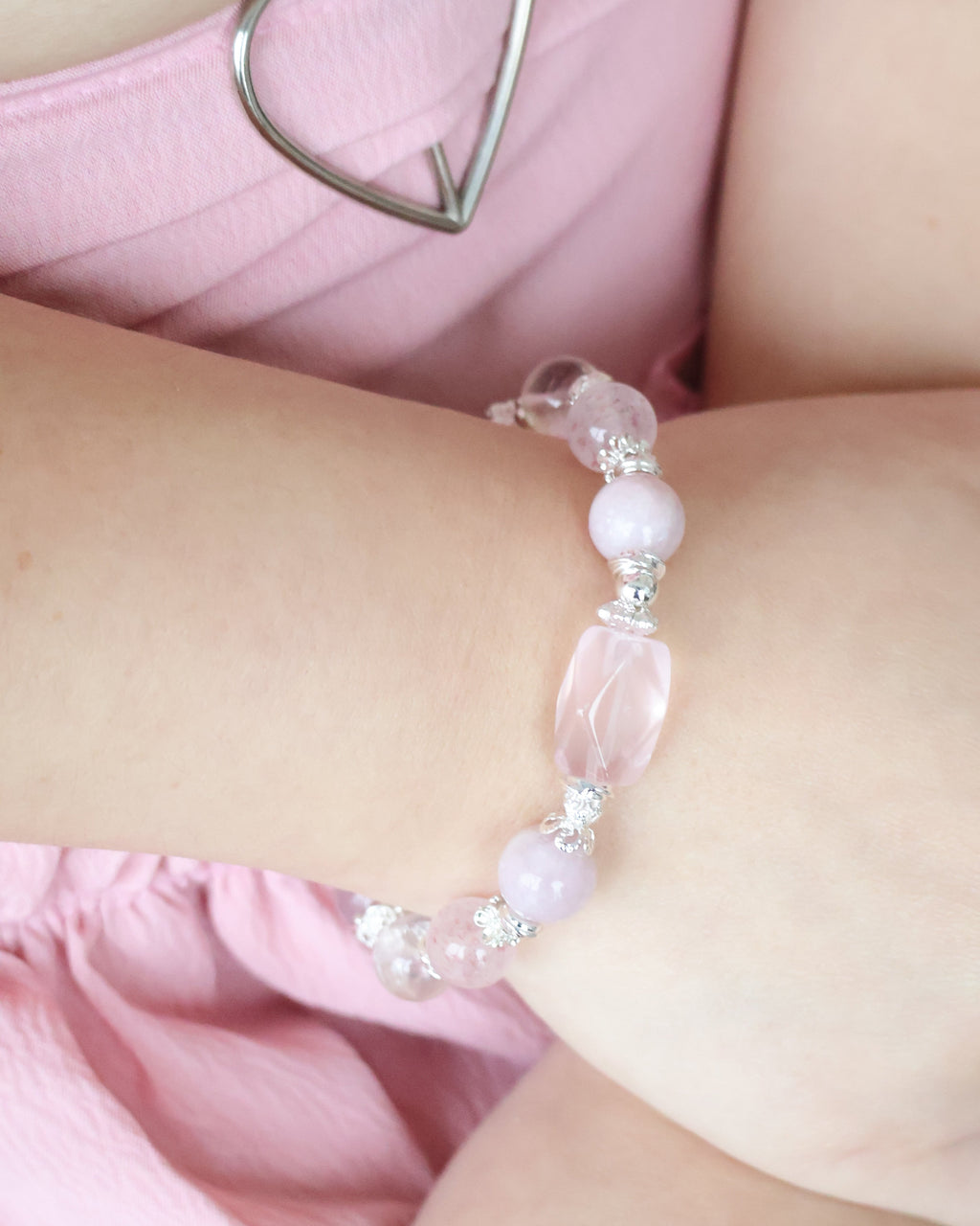 Pink Purple Emerald Mica, Strawberry Quartz & Rose Quartz Crystal Bracelet with Freeform ¡ª Ophelia | 10mm (Elastic)