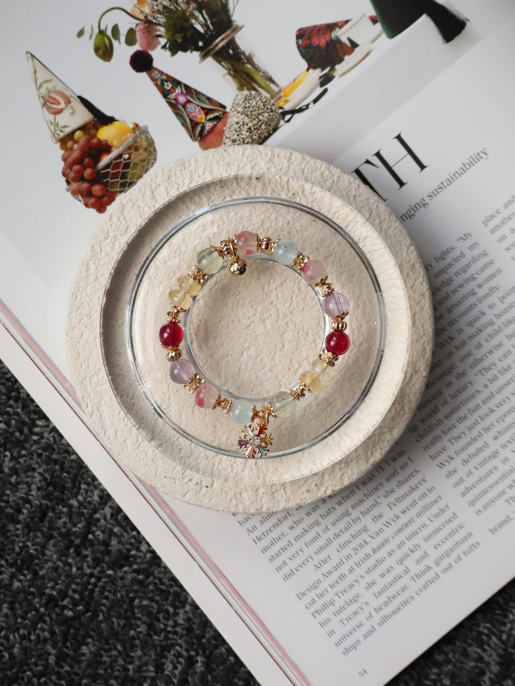 Prasiolite, Amethyst, Blue Topaz, Sakura Rhodonite, Red Star Ruby & Citrine Rondelles Multigem Crystal Bracelet ¡ª Prismette Duobao | Multi-Coloured Snowflake (Elastic)