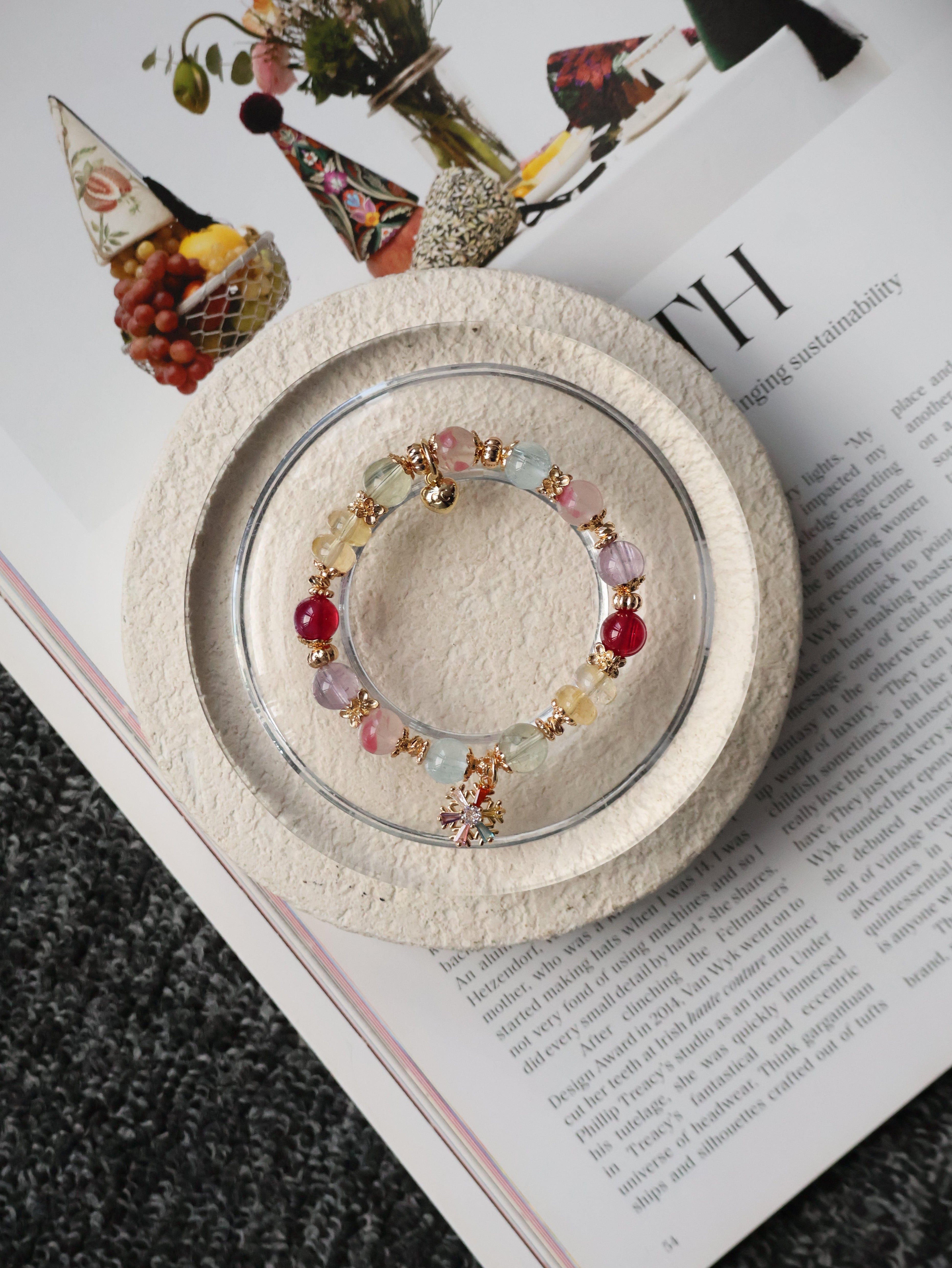 Prasiolite, Amethyst, Blue Topaz, Sakura Rhodonite, Red Star Ruby & Citrine Rondelles Multigem Crystal Bracelet ¡ª Prismette Duobao | Multi-Coloured Snowflake (Elastic)