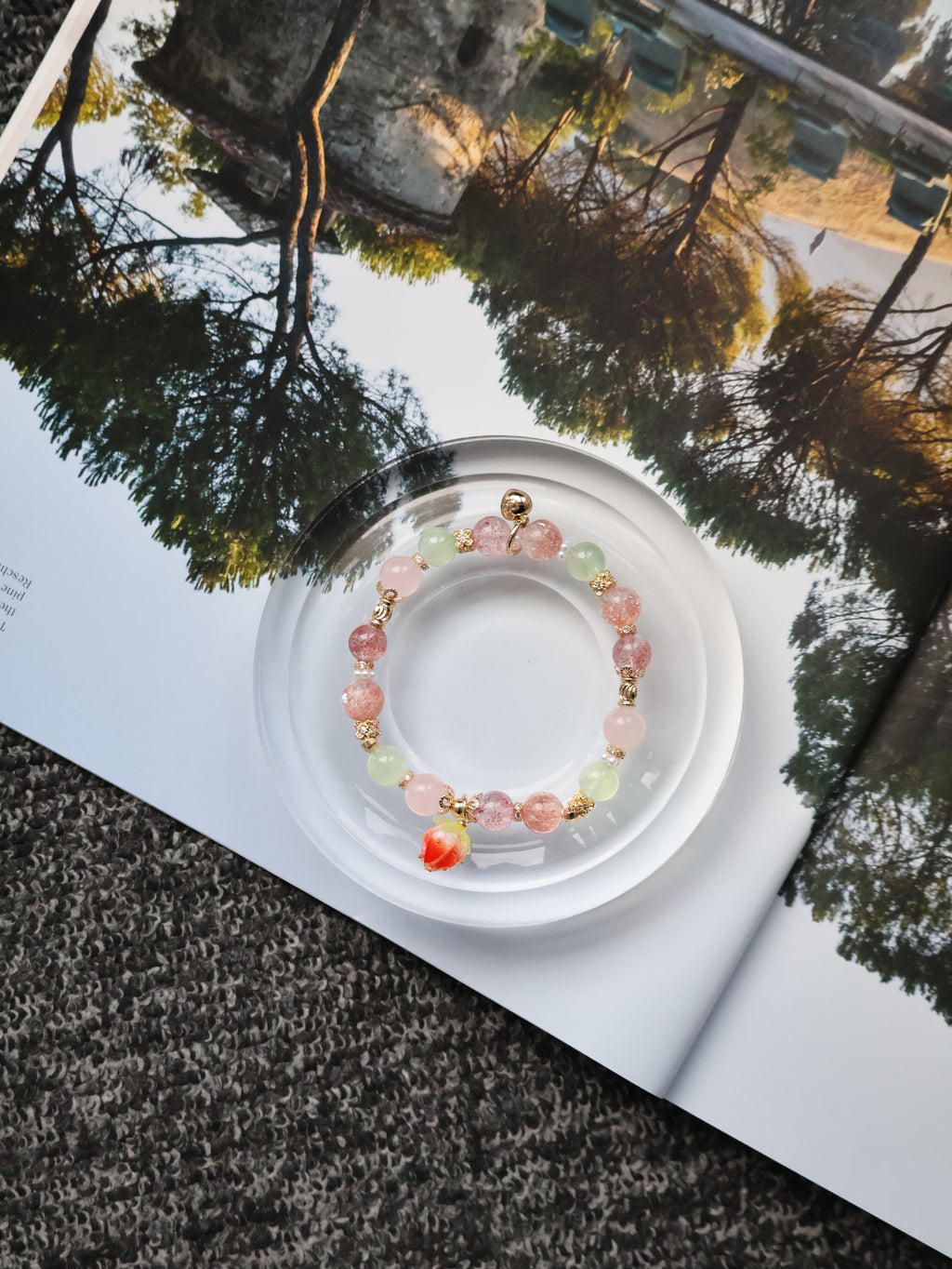 Strawberry Quartz, Prehnite, Rose Quartz & Heated Copper Rutile Crystal Bracelet with Dangly Strawberry Charm ¡ª Anya | 8mm (Elastic)