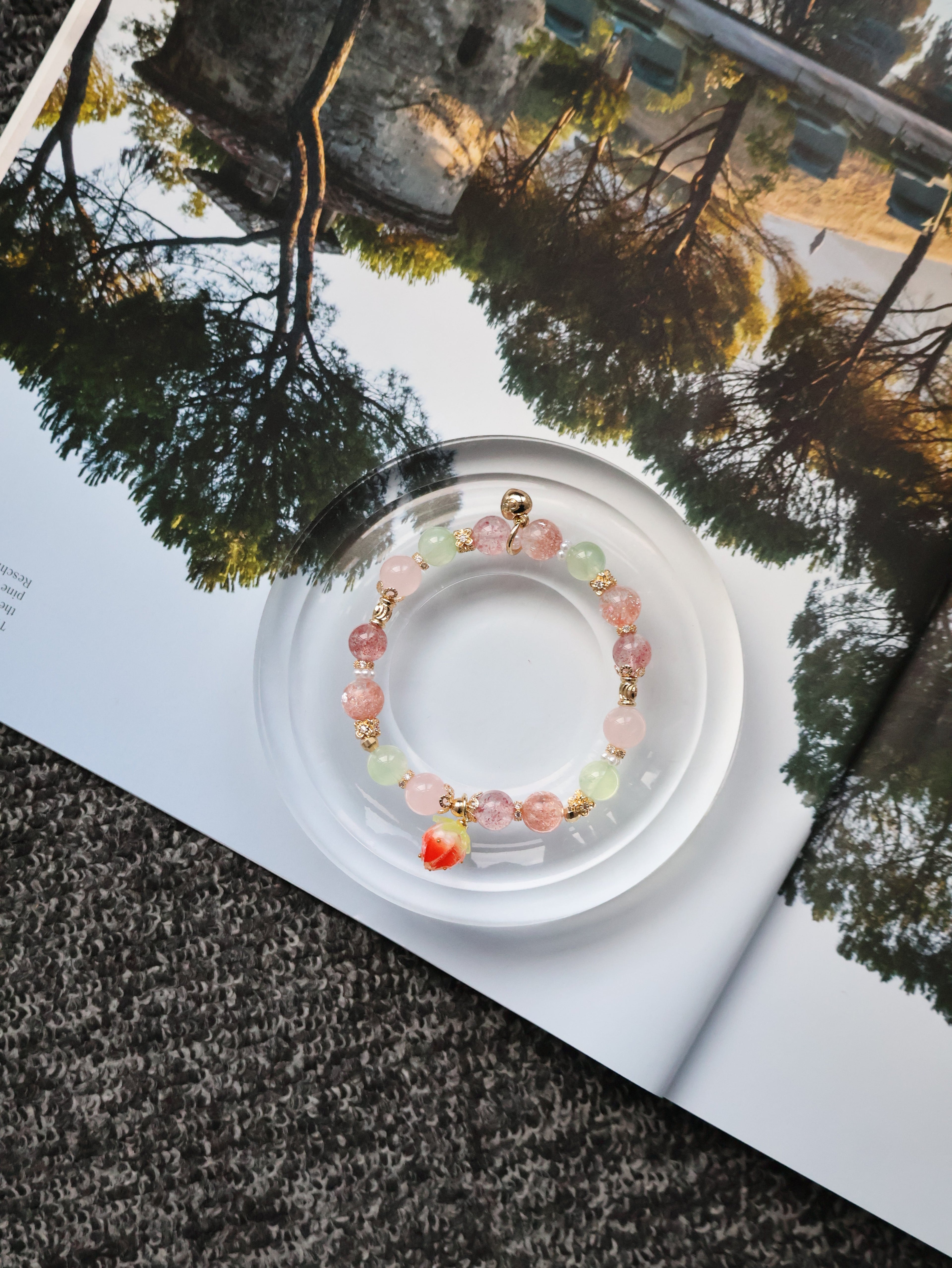 Strawberry Quartz, Prehnite, Rose Quartz & Heated Copper Rutile Crystal Bracelet with Dangly Strawberry Charm ¡ª Anya | 8mm (Elastic)