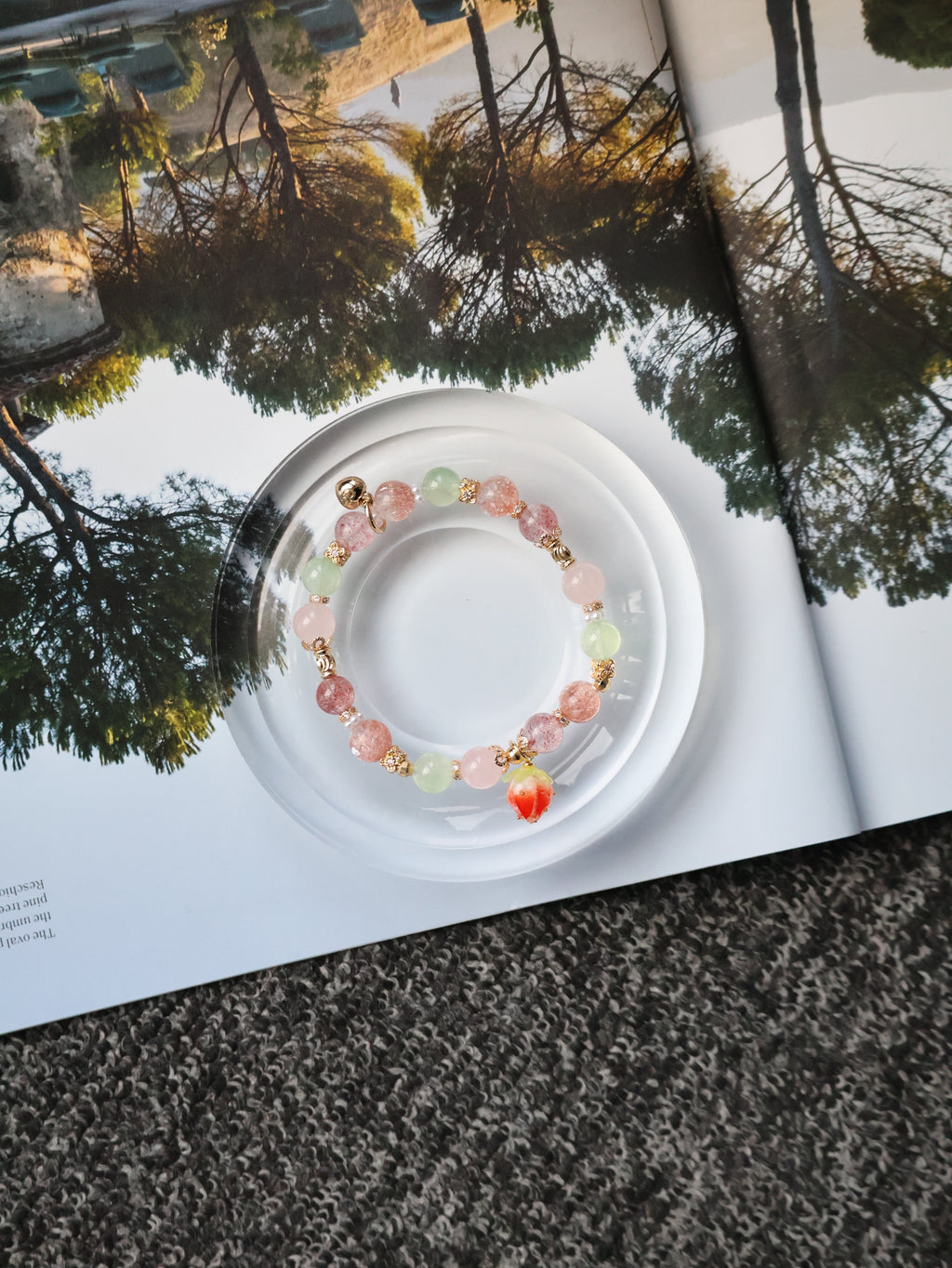 Strawberry Quartz, Prehnite, Rose Quartz & Heated Copper Rutile Crystal Bracelet with Dangly Strawberry Charm ¡ª Anya | 8mm (Elastic)