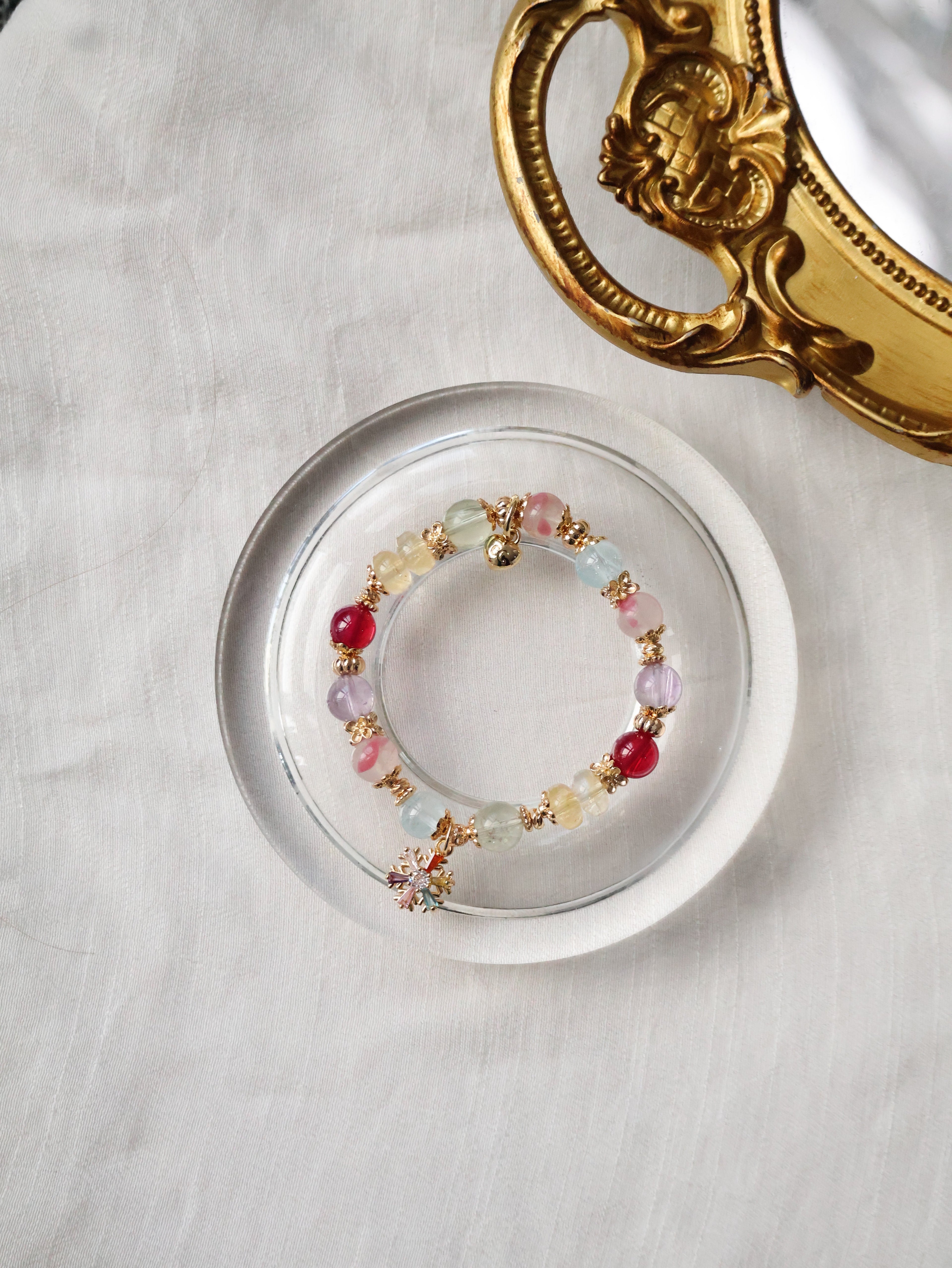 Prasiolite, Amethyst, Blue Topaz, Sakura Rhodonite, Red Star Ruby & Citrine Rondelles Multigem Crystal Bracelet ¡ª Prismette Duobao | Multi-Coloured Snowflake (Elastic)