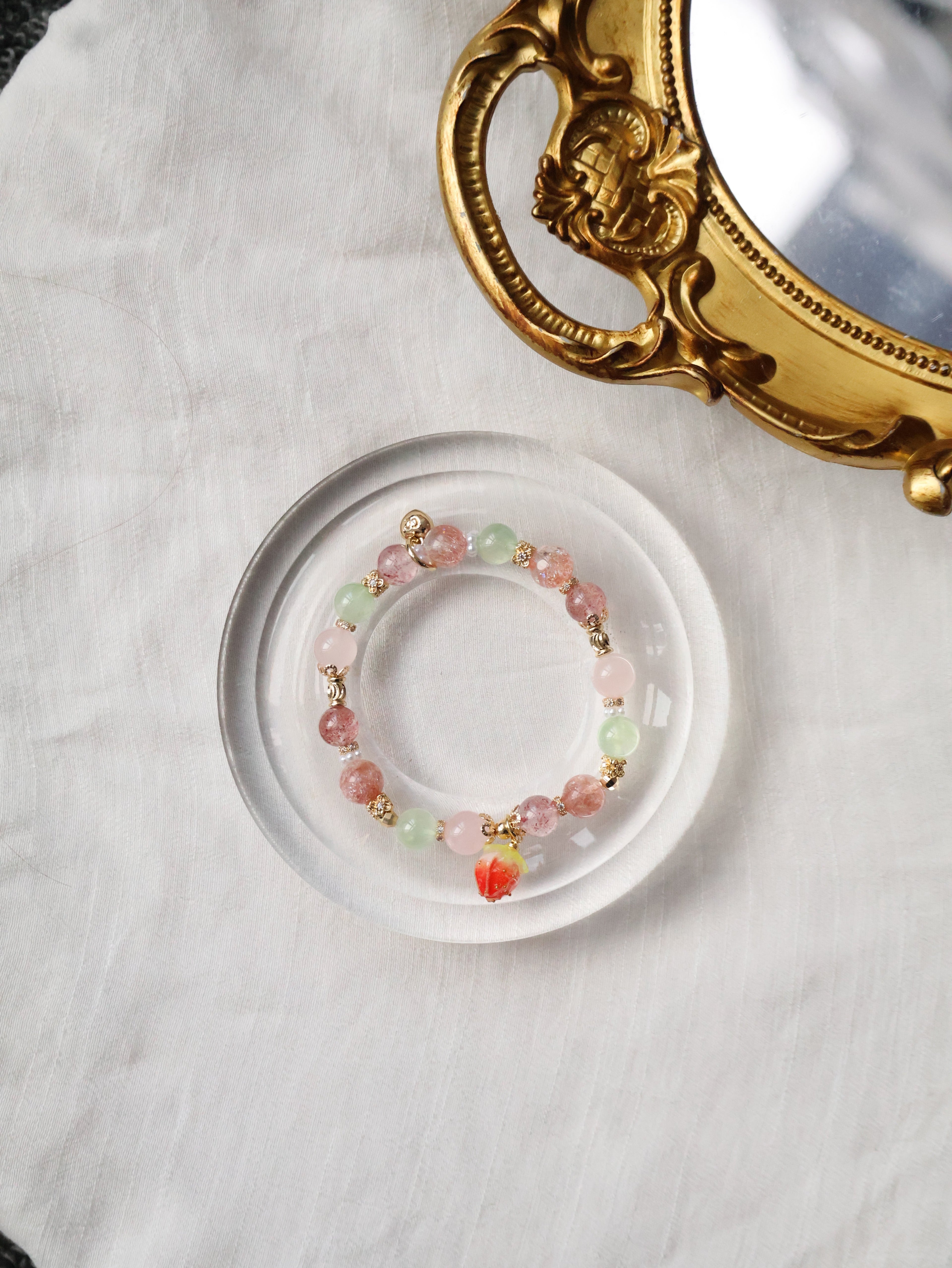 Strawberry Quartz, Prehnite, Rose Quartz & Heated Copper Rutile Crystal Bracelet with Dangly Strawberry Charm ¡ª Anya | 8mm (Elastic)