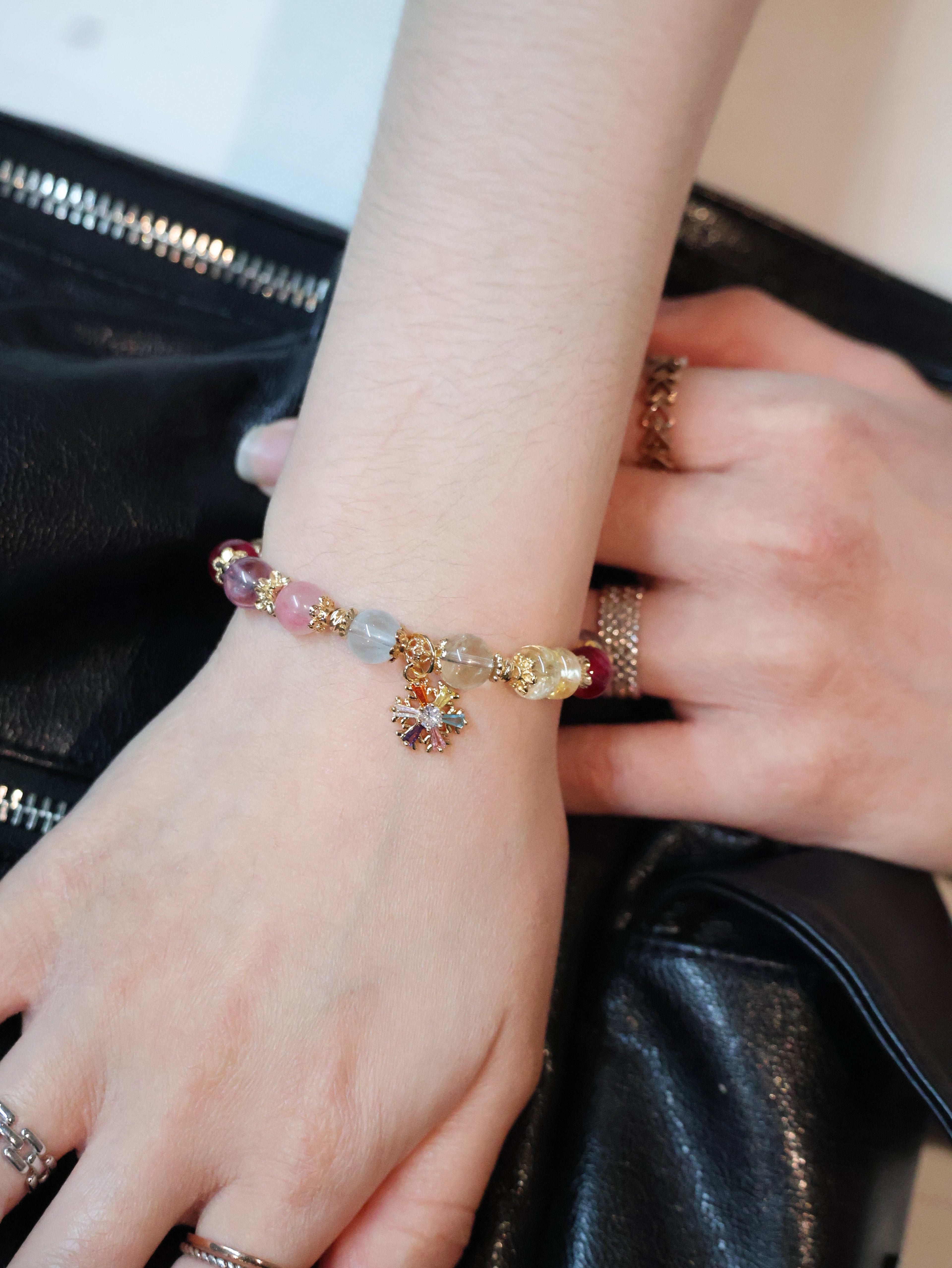 Prasiolite, Amethyst, Blue Topaz, Sakura Rhodonite, Red Star Ruby & Citrine Rondelles Multigem Crystal Bracelet ¡ª Prismette Duobao | Multi-Coloured Snowflake (Elastic)