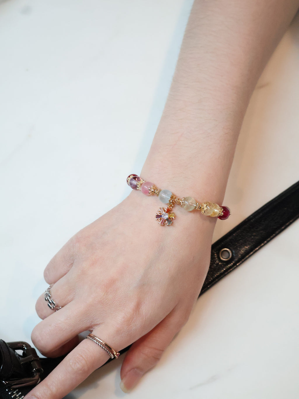 Prasiolite, Amethyst, Blue Topaz, Sakura Rhodonite, Red Star Ruby & Citrine Rondelles Multigem Crystal Bracelet ¡ª Prismette Duobao | Multi-Coloured Snowflake (Elastic)