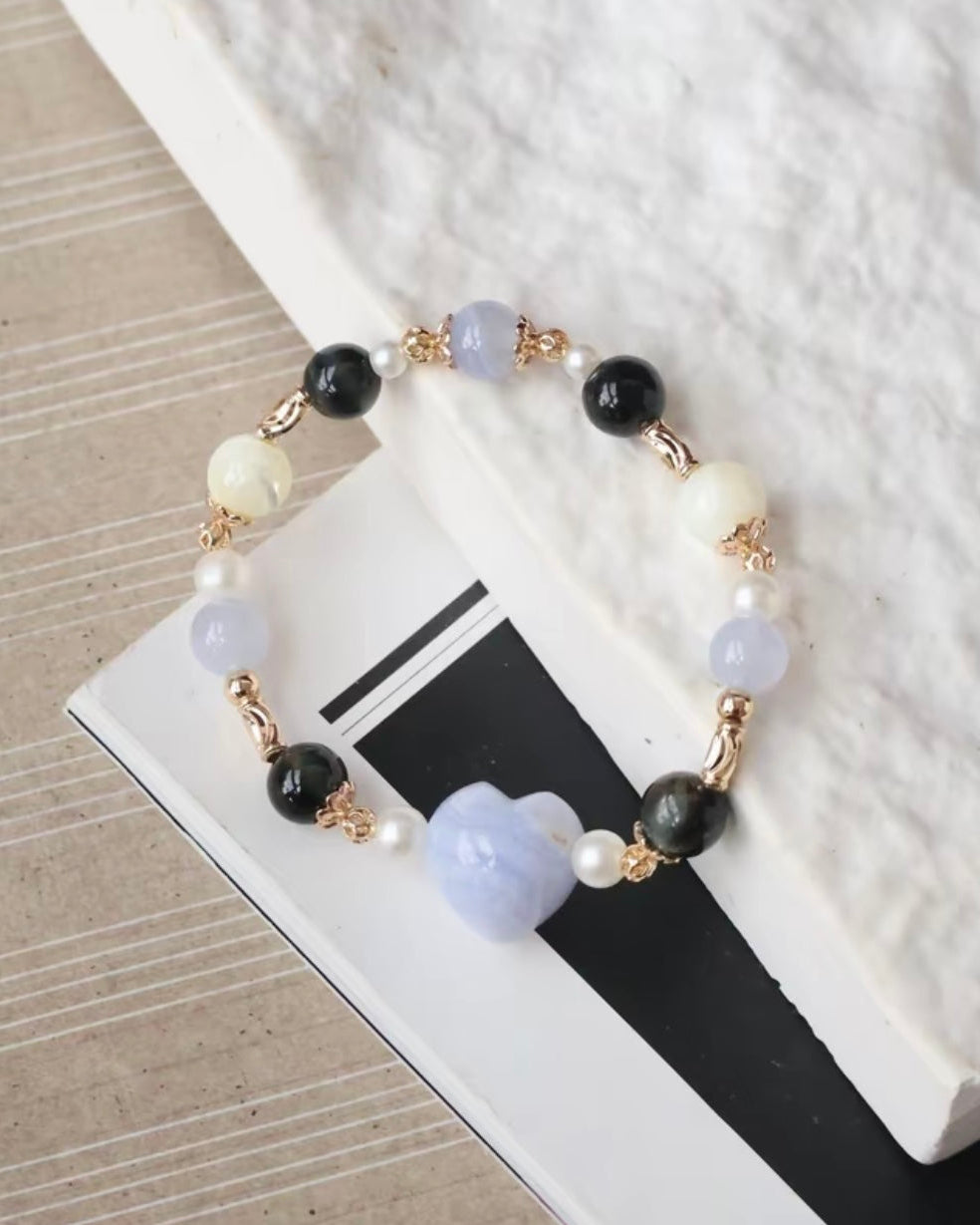 *Luna&Lithoss* 8mm Blue Lace Agate with Heart Carving, White Conch , Hypersthene