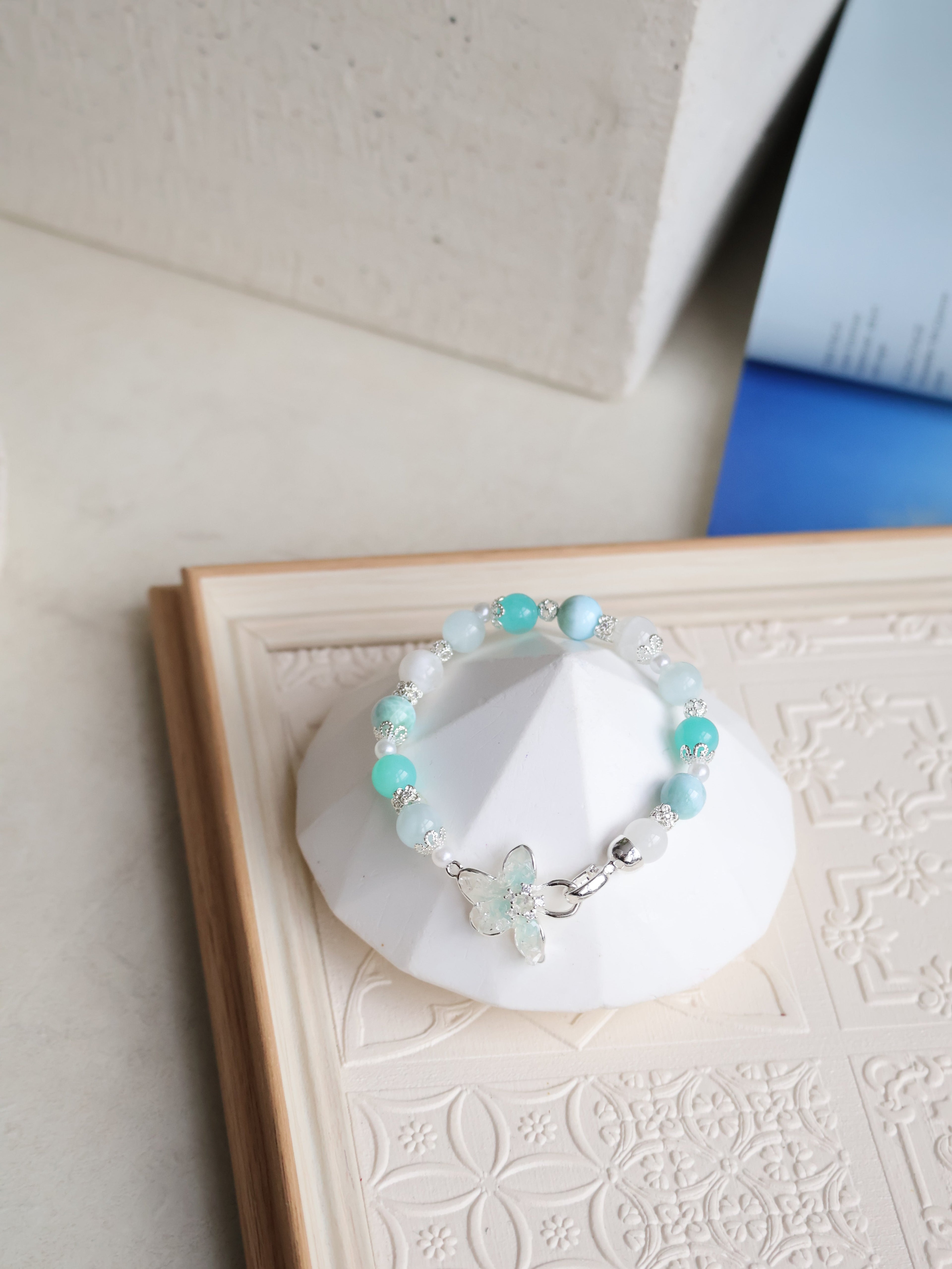 Aquamarine, Larimar, White Garden Quartz & Amazonite ¡ª Plumeria Blue | 8mm (Elastic, OT Clasp)