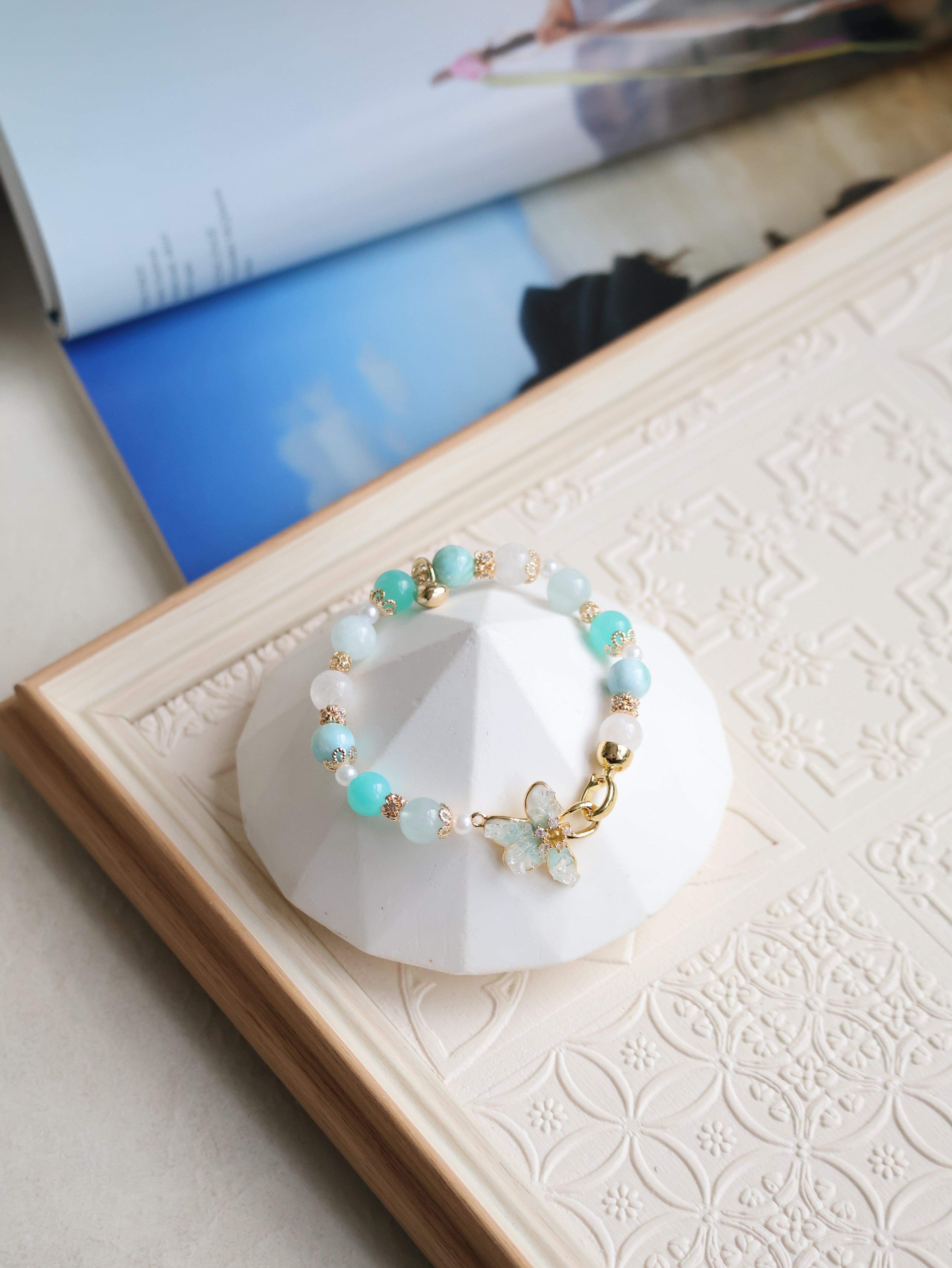 Aquamarine, Larimar, White Garden Quartz & Amazonite ¡ª Plumeria Blue | 8mm (Elastic, OT Clasp)