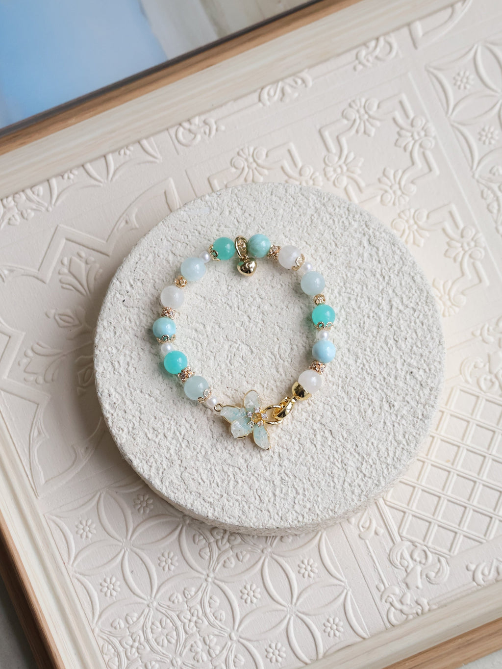 Aquamarine, Larimar, White Garden Quartz & Amazonite ¡ª Plumeria Blue | 8mm (Elastic, OT Clasp)