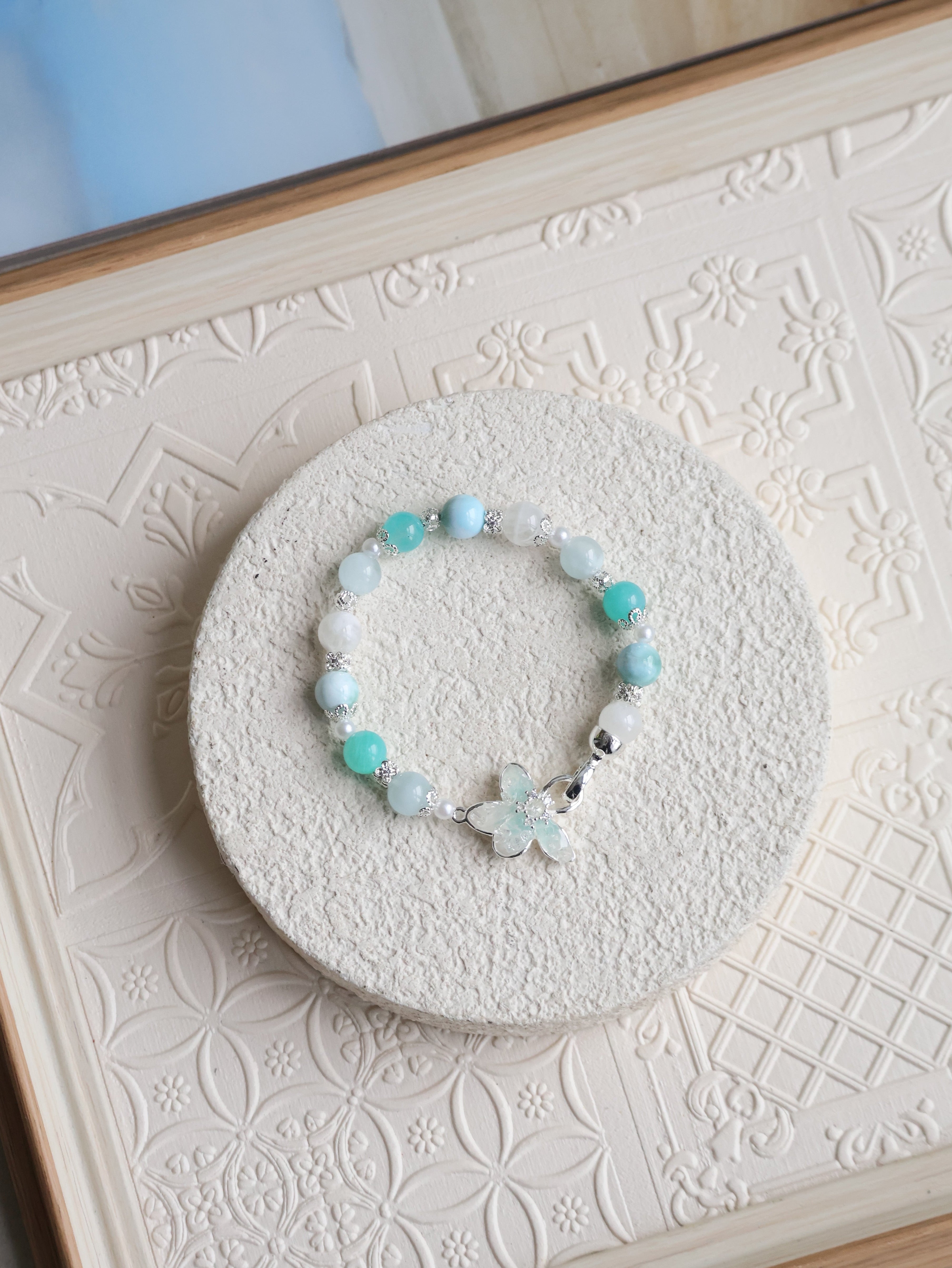 Aquamarine, Larimar, White Garden Quartz & Amazonite ¡ª Plumeria Blue | 8mm (Elastic, OT Clasp)