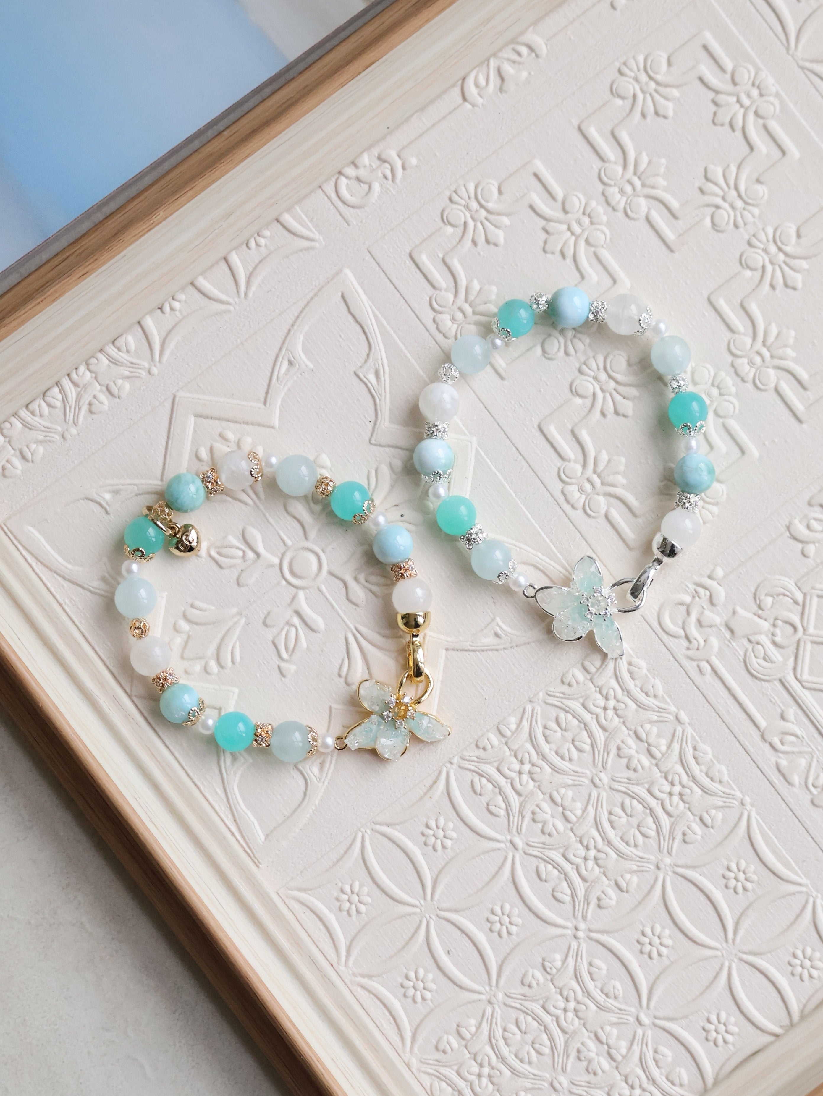 Aquamarine, Larimar, White Garden Quartz & Amazonite ¡ª Plumeria Blue | 8mm (Elastic, OT Clasp)